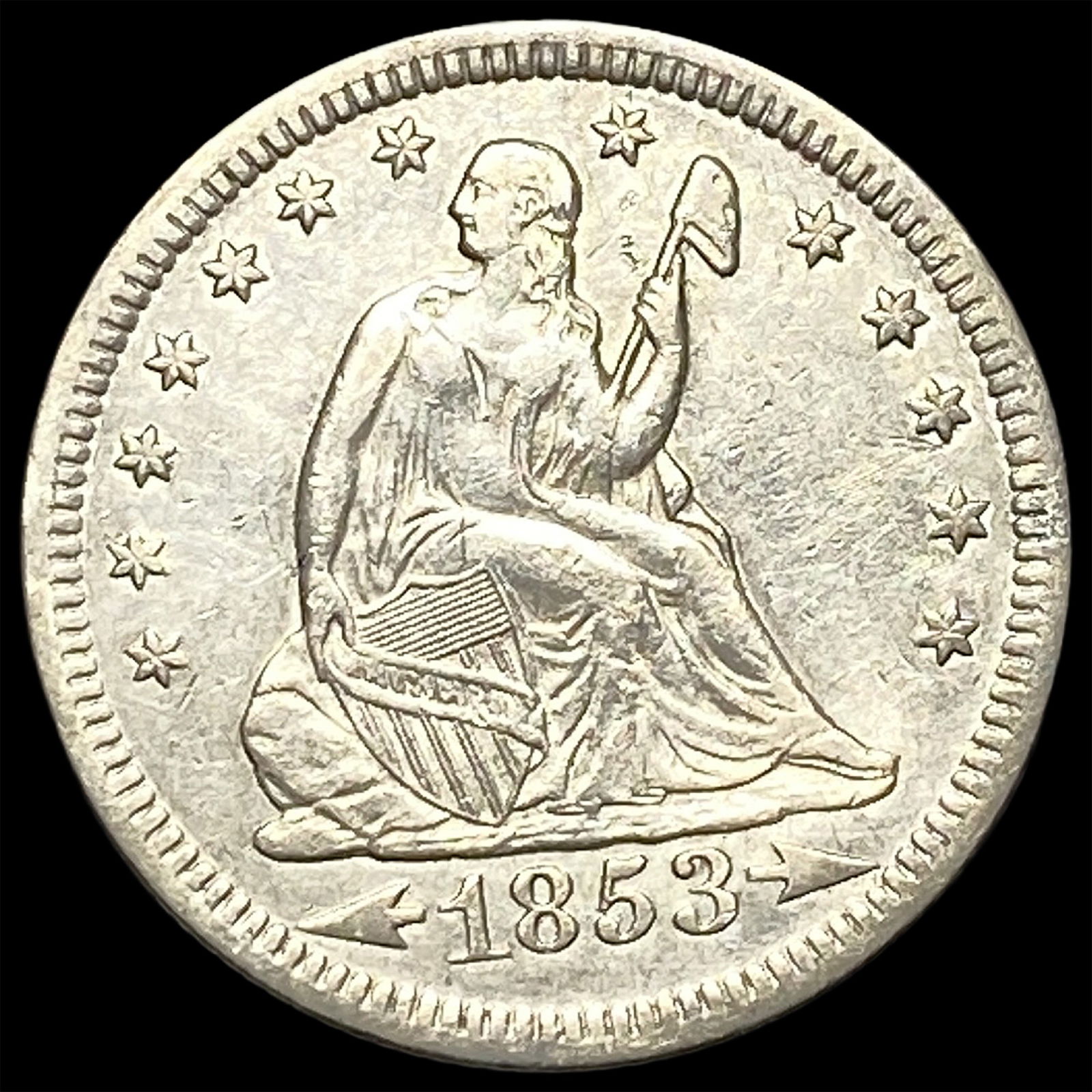 1853 Arrows/Rays Seated Liberty Quarter CLOSELY UNCIRCULATED: 1853 Arrows/Rays Seated Liberty Quarter CLOSELY UNCIRCULATED