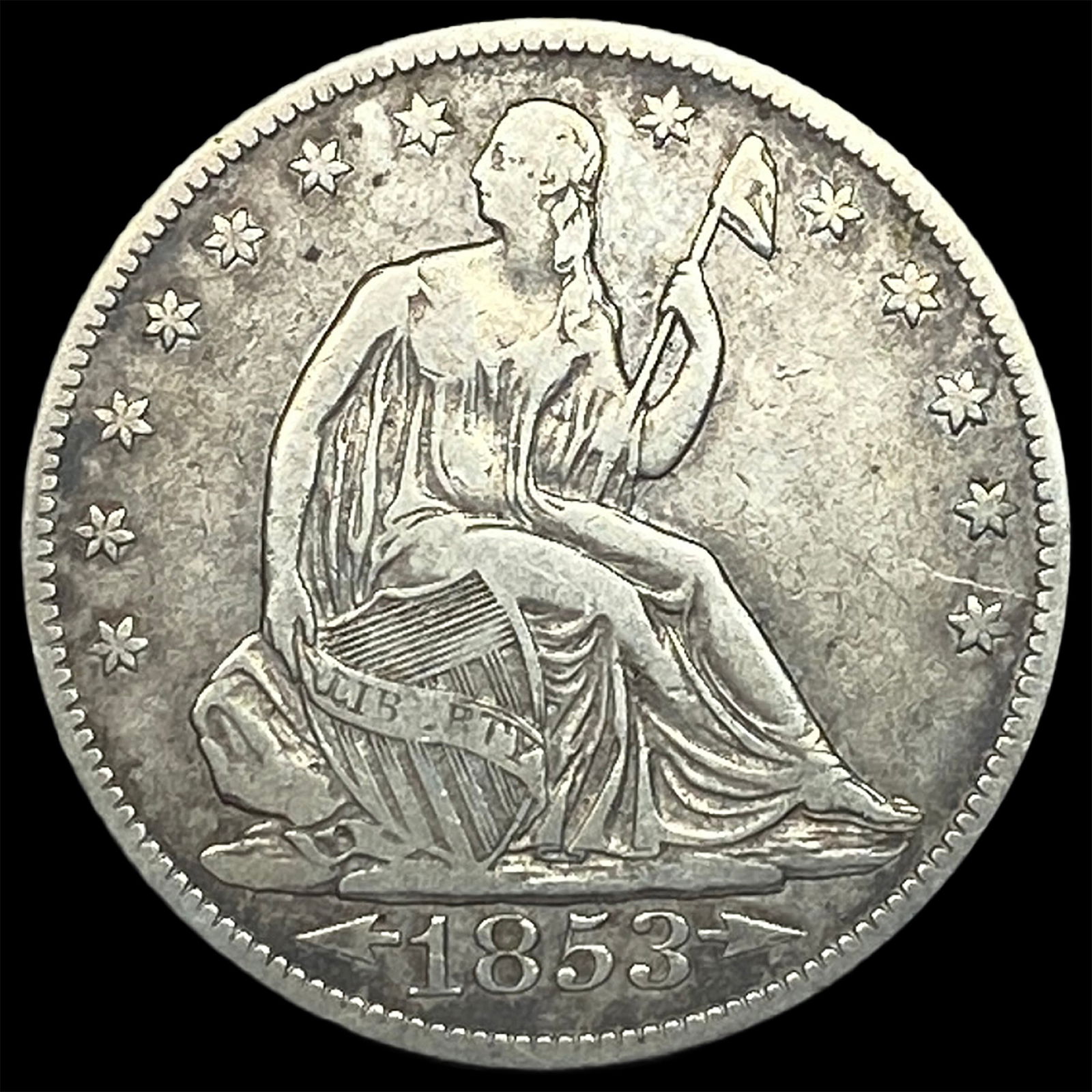 1853 Arrows/Rays Seated Liberty Half Dollar ABOUT UNCIRCULATED (1 of 2)