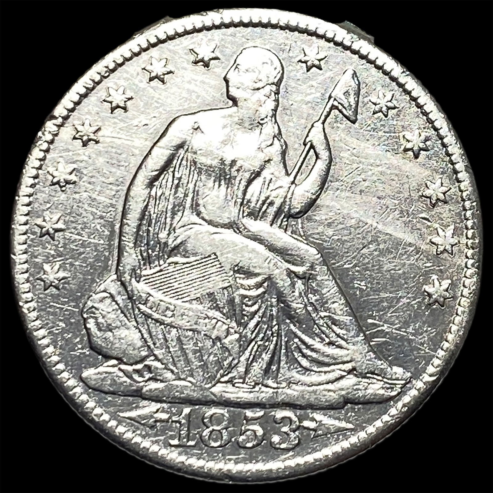 1853 Arrows/Rays Silver Seated Liberty Half Dollar NEARLY UNCIRCULATED: 1853 Arrows/Rays Silver Seated Liberty Half Dollar NEARLY UNCIRCULATED