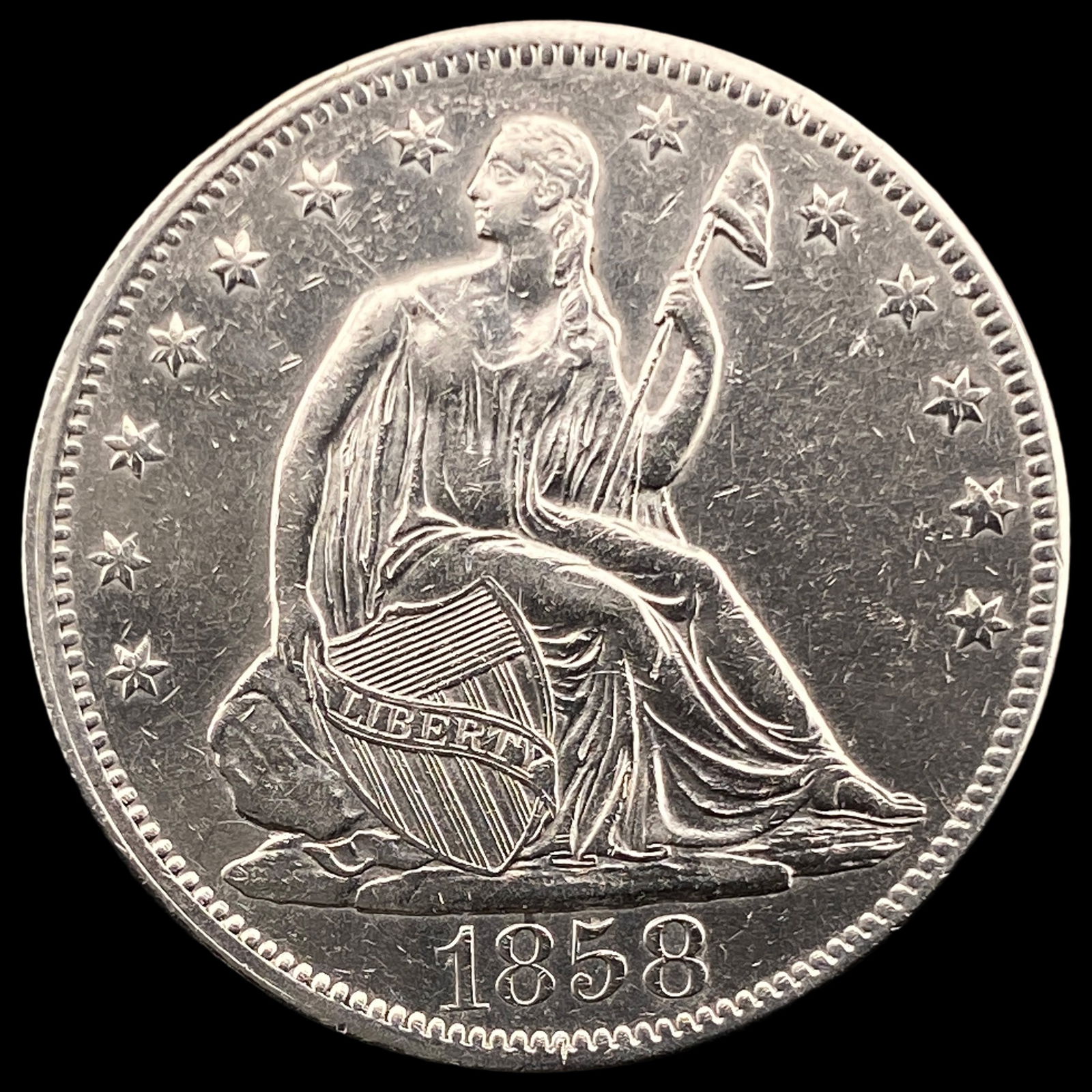 1858 Seated Liberty Half Dollar CLOSELY UNCIRCULATED: 1858 Seated Liberty Half Dollar CLOSELY UNCIRCULATED