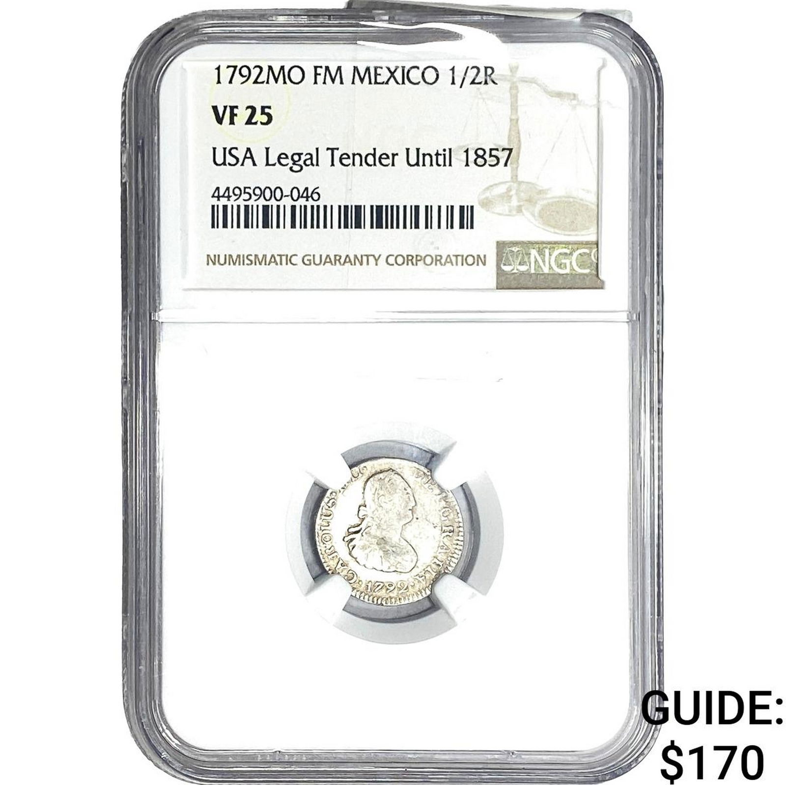 1792 Mexico Silver 1/2 Reale NGC VF25: 1792 Mexico Silver 1/2 Reale NGC VF25