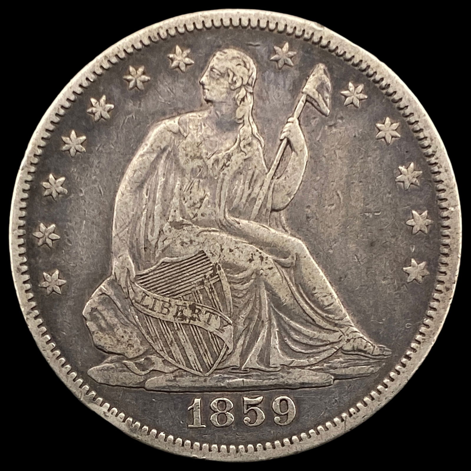 1859 Silver Seated Liberty Half Dollar ABOUT UNCIRCULATED: 1859 Silver Seated Liberty Half Dollar ABOUT UNCIRCULATED