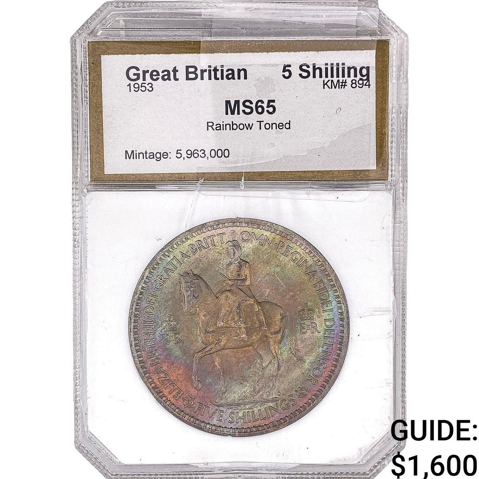 1953 Great Britain 5 Shilling PCI MS65 Rainbow Toned: 1953 Great Britain 5 Shilling PCI MS65 Rainbow Toned