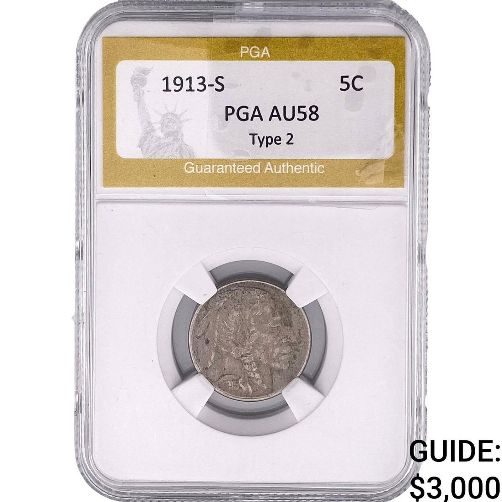 1913-S Barber Nickel PGA AU58 Type 2: 1913-S Barber Nickel PGA AU58 Type 2