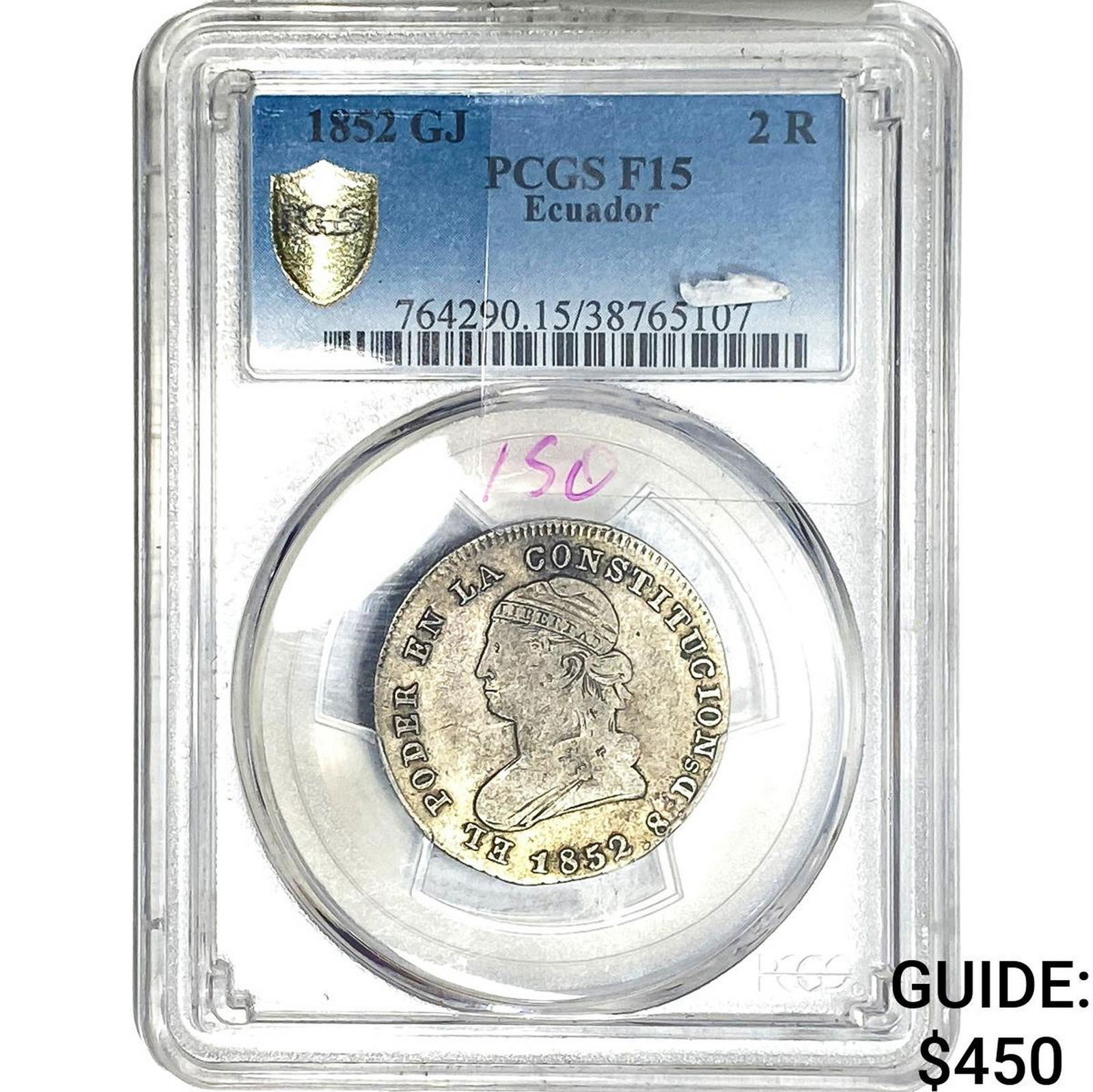 1852 Ecuador Silver 2 Reales PCGS F15: 1852 Ecuador Silver 2 Reales PCGS F15