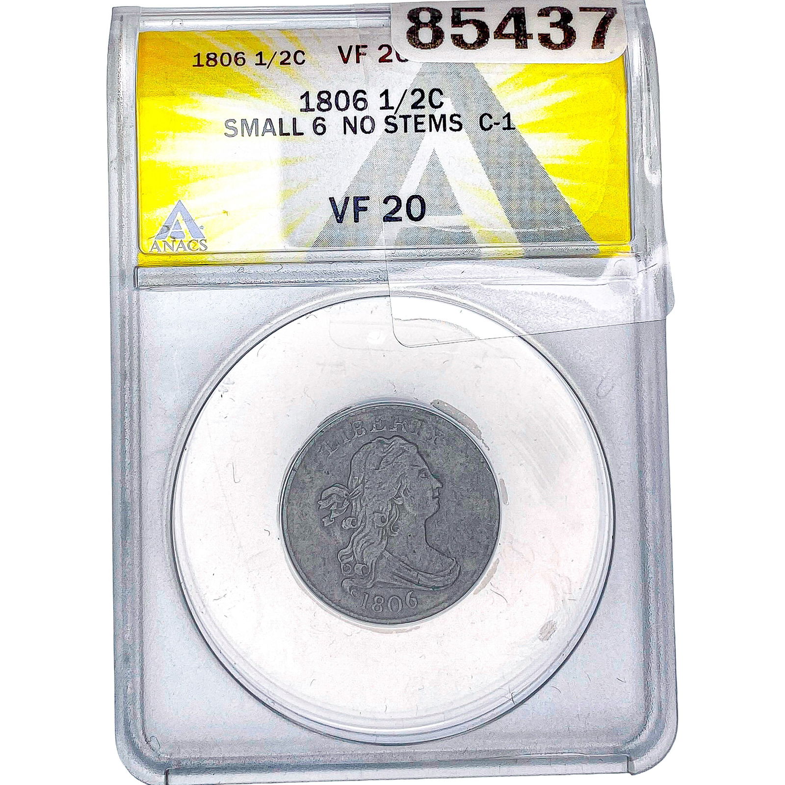 1806 Draped Bust Half Cent ANACS VF20 Small 6 No Stems: 1806 Draped Bust Half Cent ANACS VF20 Small 6 No Stems