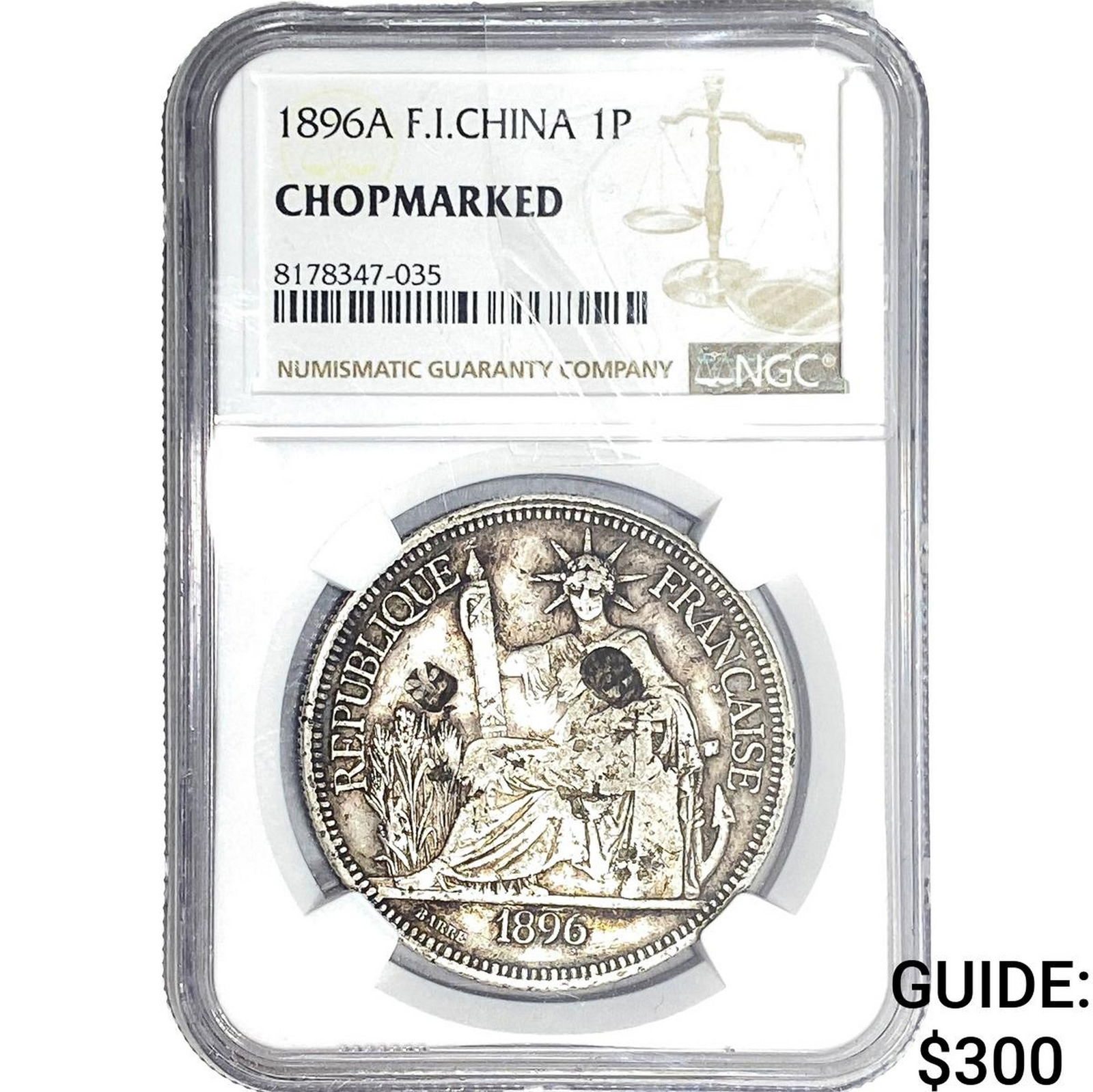 1896 French Indo-China Silver 1 Trade Piastre NGC Genuine Chopmarked: 1896 French Indo-China Silver 1 Trade Piastre NGC Genuine Chopmarked