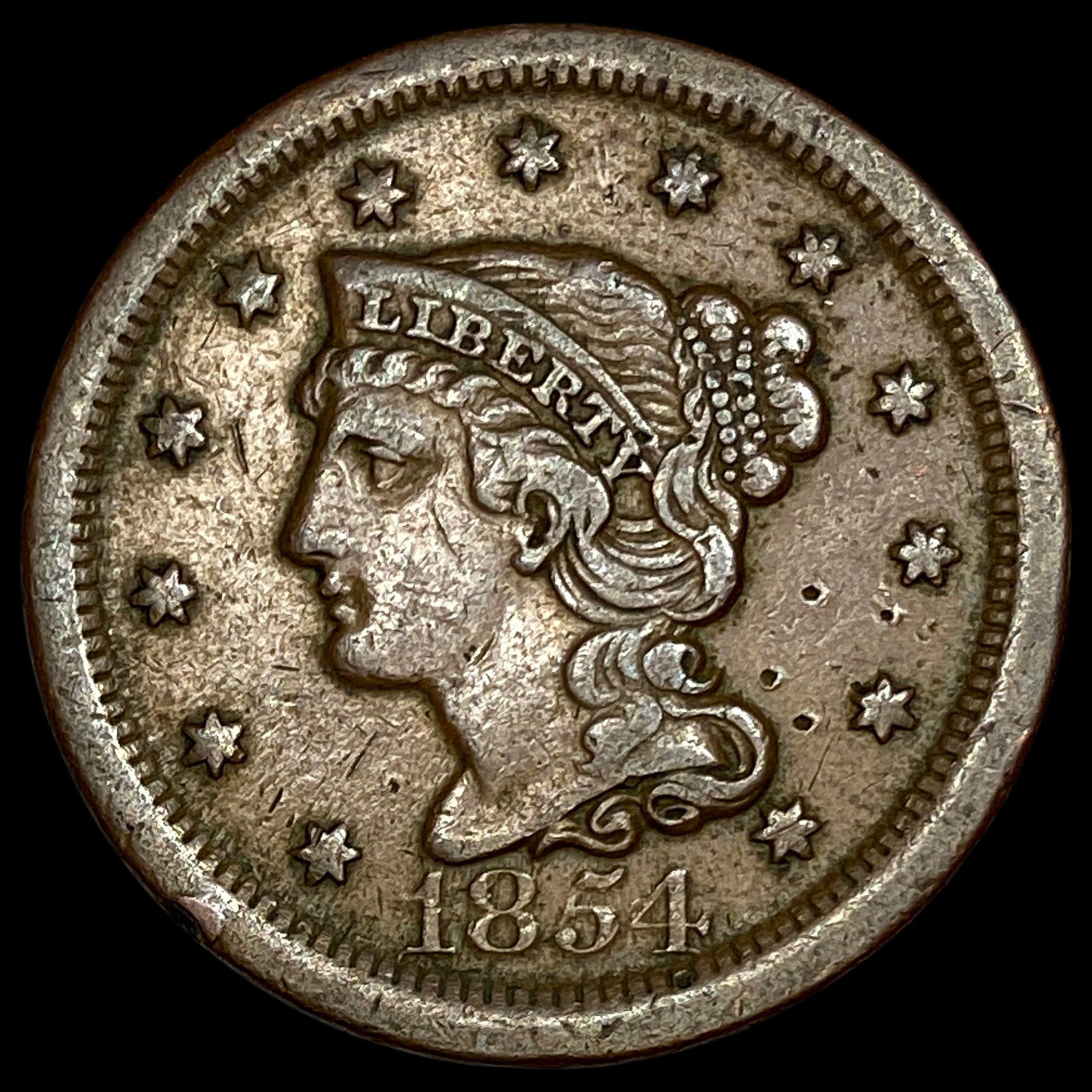 1854 Braided Hair Large Cent CLOSELY UNCIRCULATED: 1854 Braided Hair Large Cent CLOSELY UNCIRCULATED