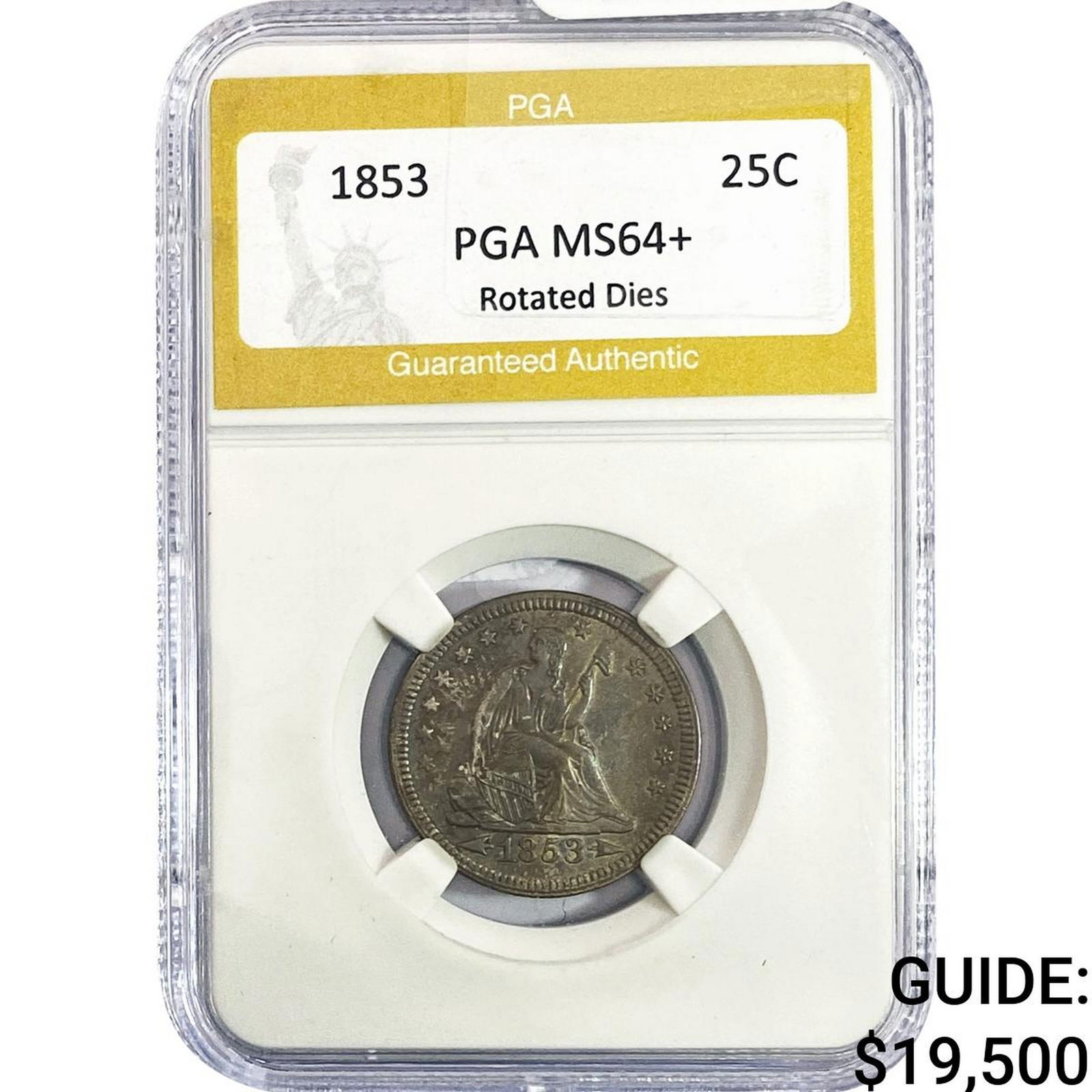 1853 Seated Liberty Quarter PGA MS64+ Rotated Dies: 1853 Seated Liberty Quarter PGA MS64+ Rotated Dies