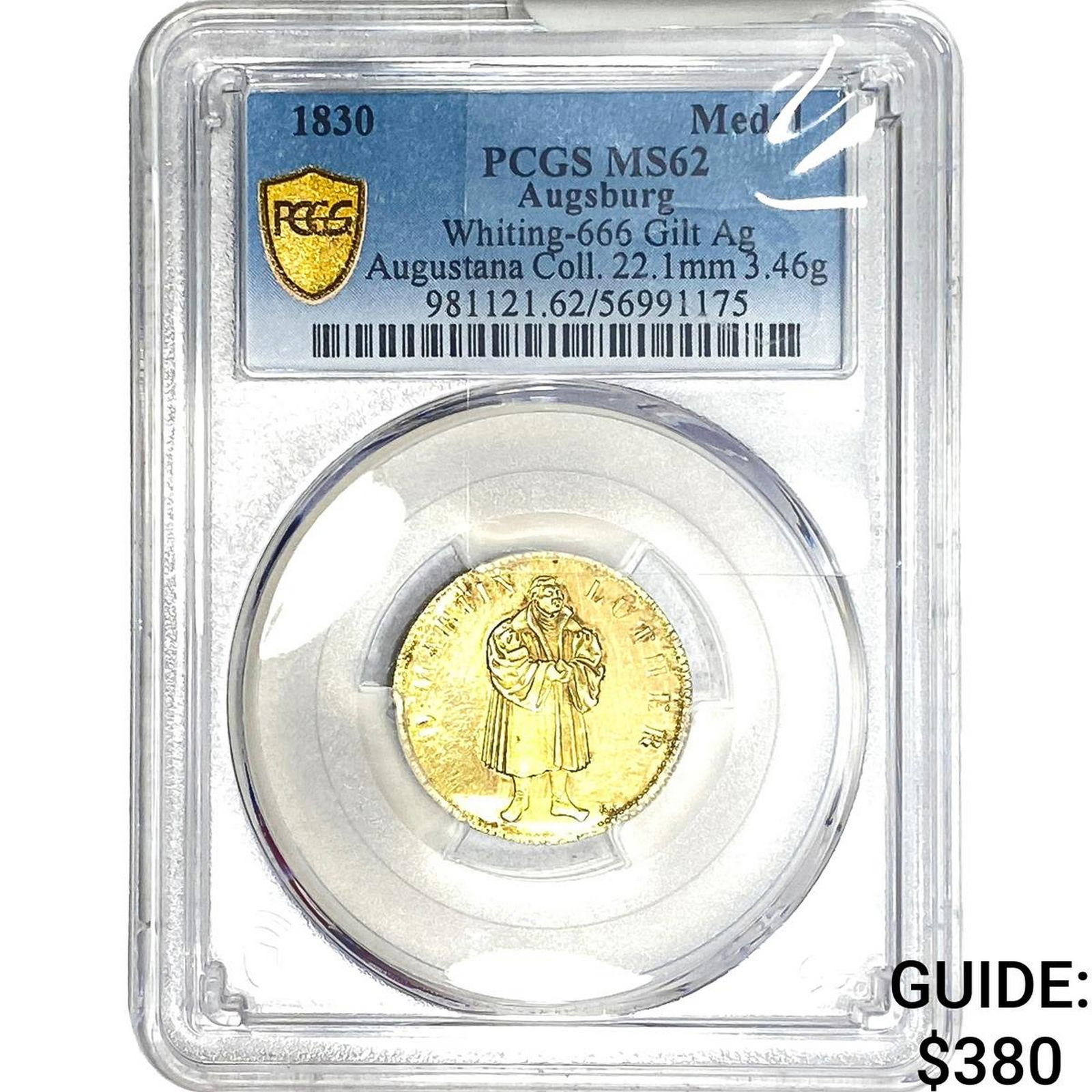 1830 Augsburg Gilt Medal PCGS MS62: 1830 Augsburg Gilt Medal PCGS MS62