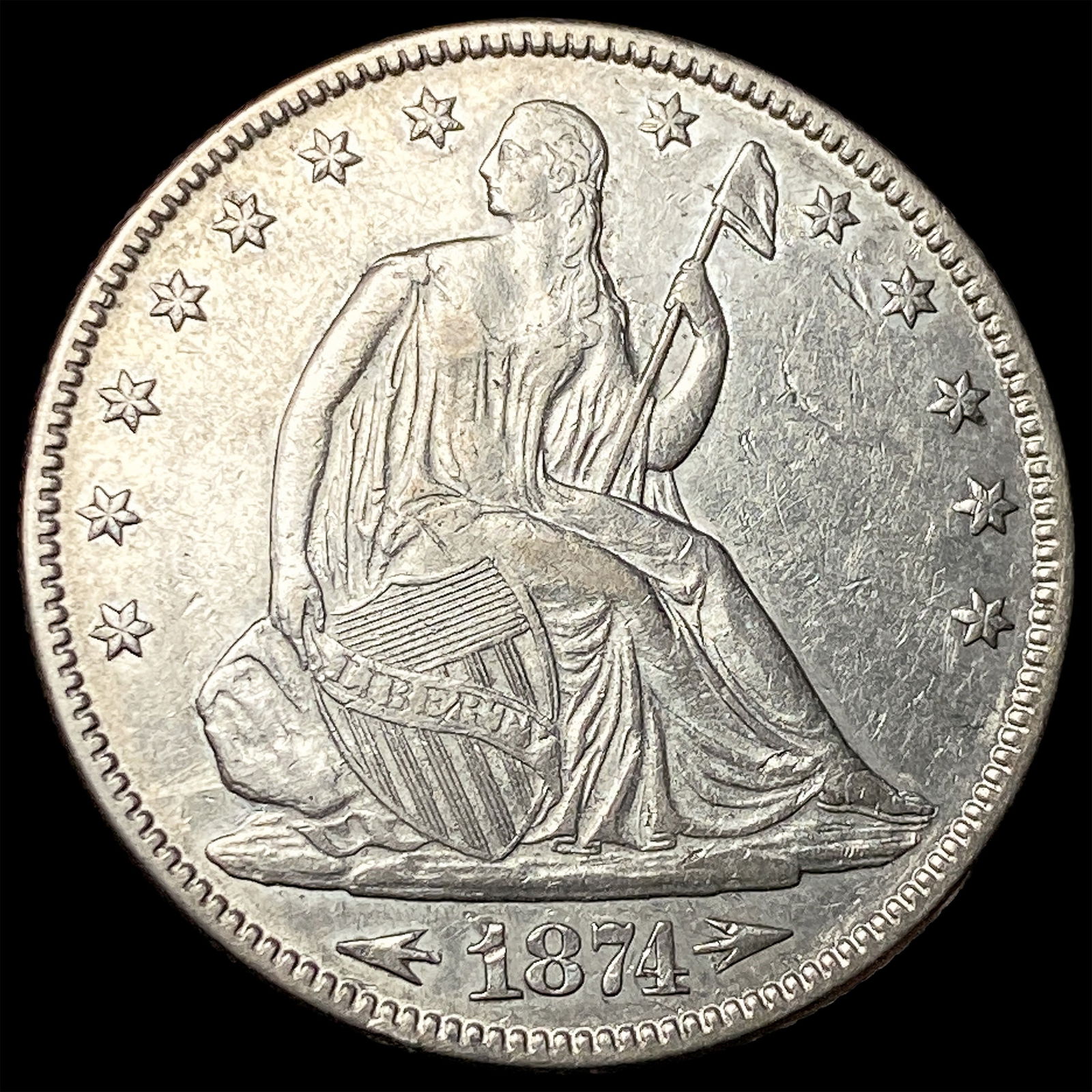 1874 Arrows Seated Liberty Half Dollar CLOSELY UNCIRCULATED: 1874 Arrows Seated Liberty Half Dollar CLOSELY UNCIRCULATED