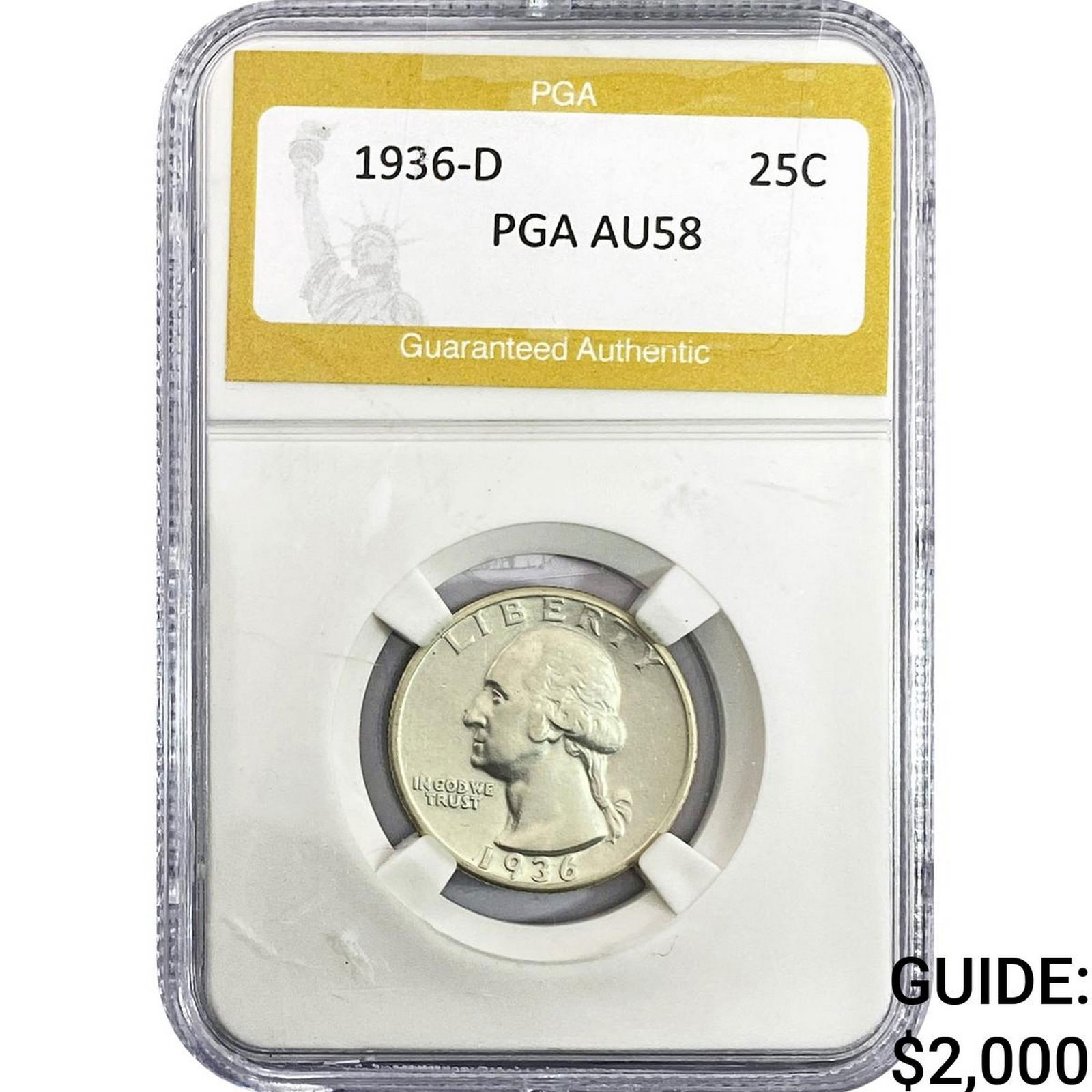 1936-D Washington Silver Quarter PGA AU58: 1936-D Washington Silver Quarter PGA AU58