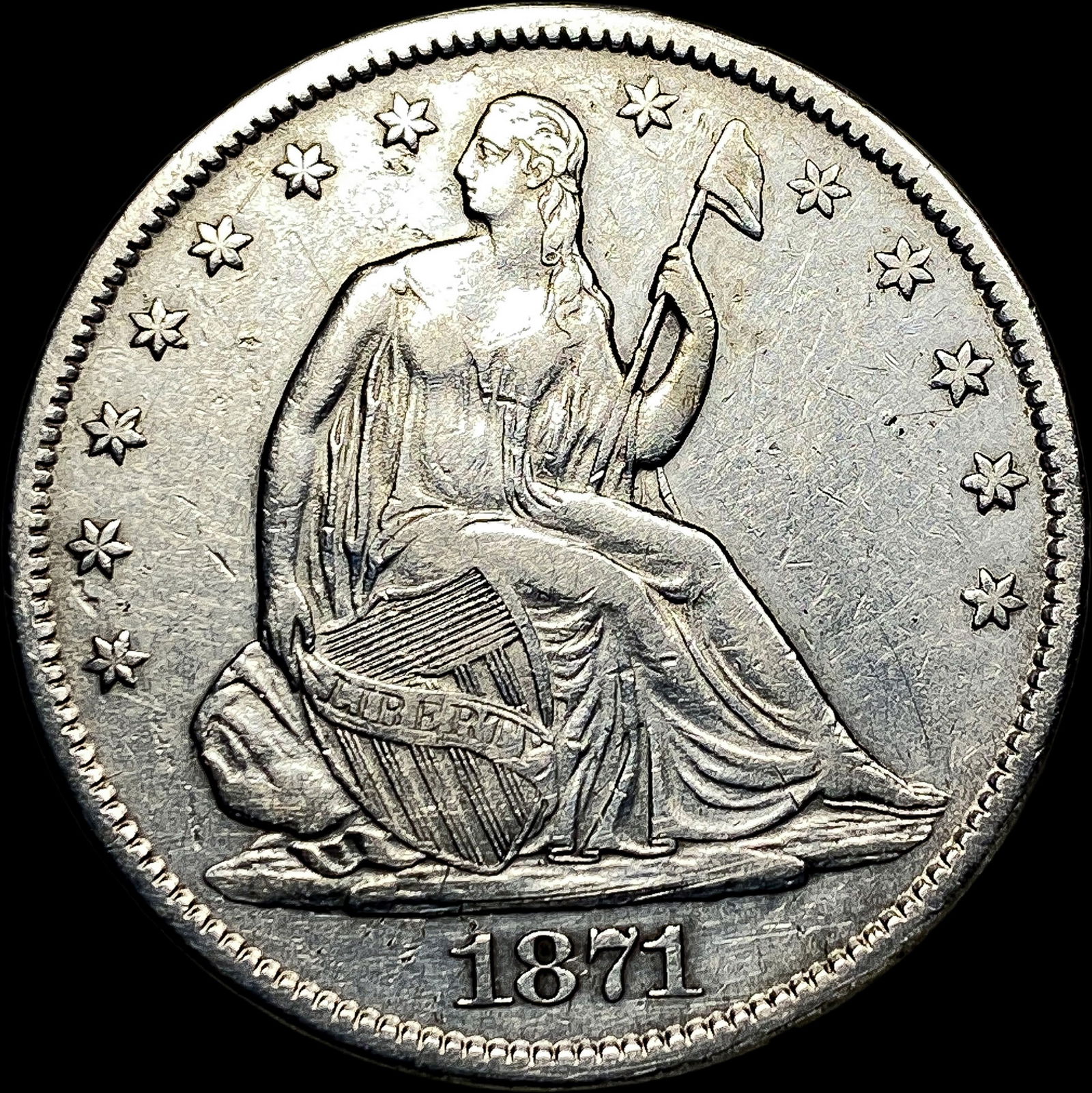 1871-S Silver Seated Liebrty Half Dollar NEARLY UNCIRCULATED: 1871-S Silver Seated Liebrty Half Dollar NEARLY UNCIRCULATED