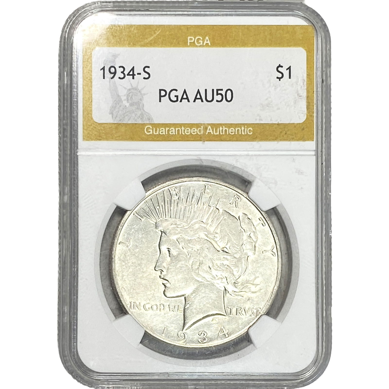 1934-S Silver Peace Dollar PGA AU50: 1934-S Silver Peace Dollar PGA AU50