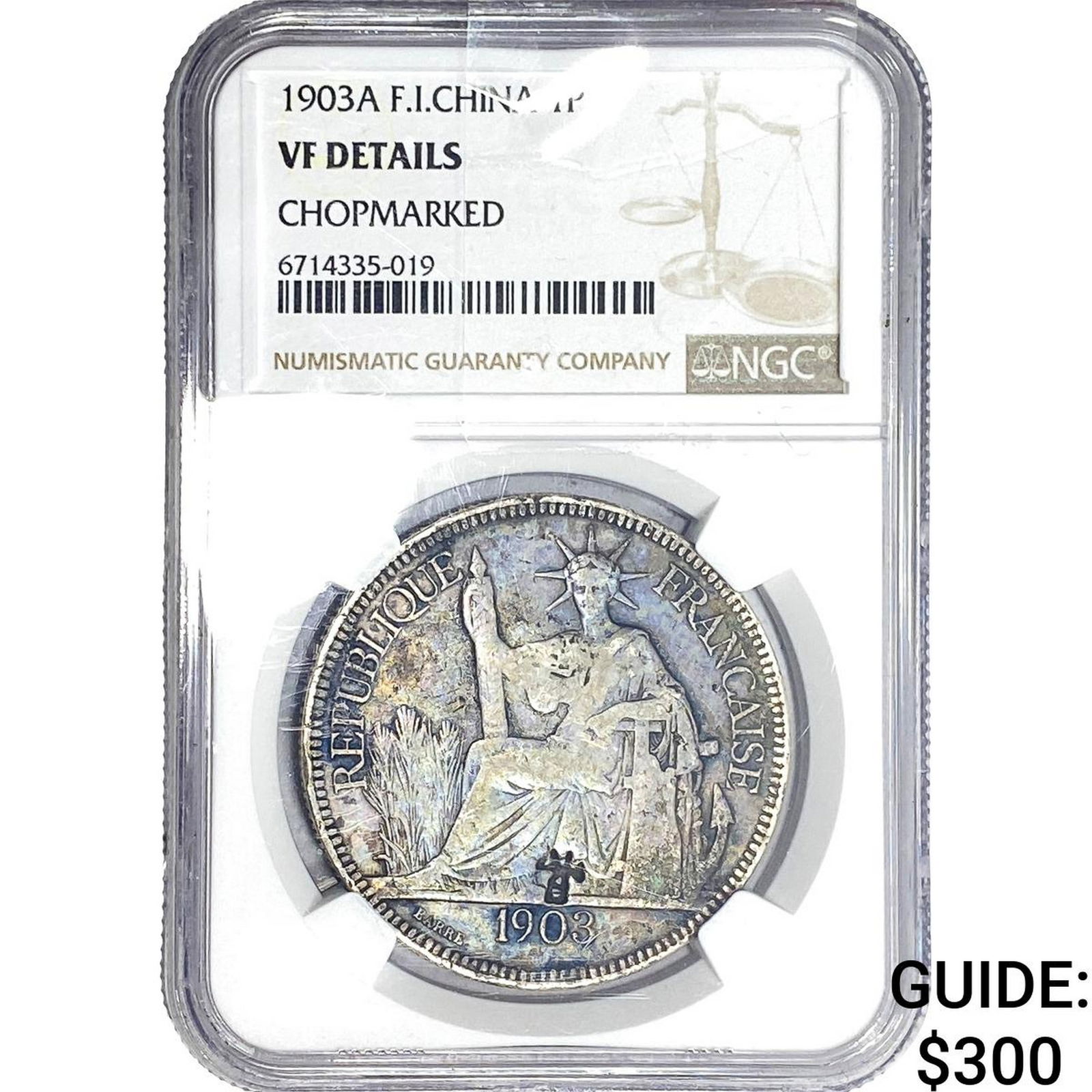1903 French Indo-China Silver 1 Trade Piastre NGC VFDetails Chopmarked: 1903 French Indo-China Silver 1 Trade Piastre NGC VFDetails Chopmarked