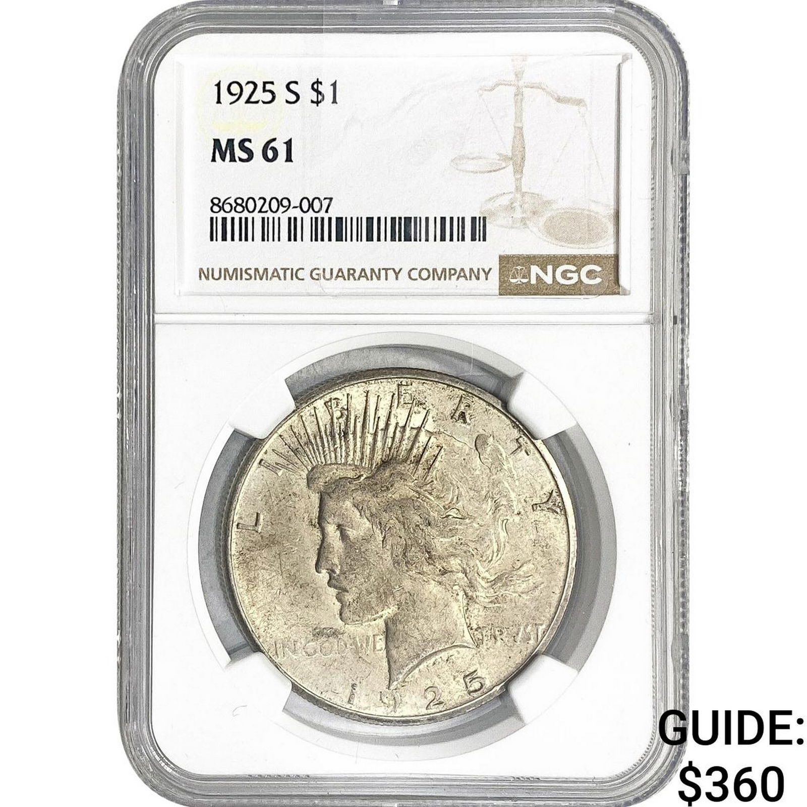 1925-S Silver Peace Dollar NGC MS61: 1925-S Silver Peace Dollar NGC MS61