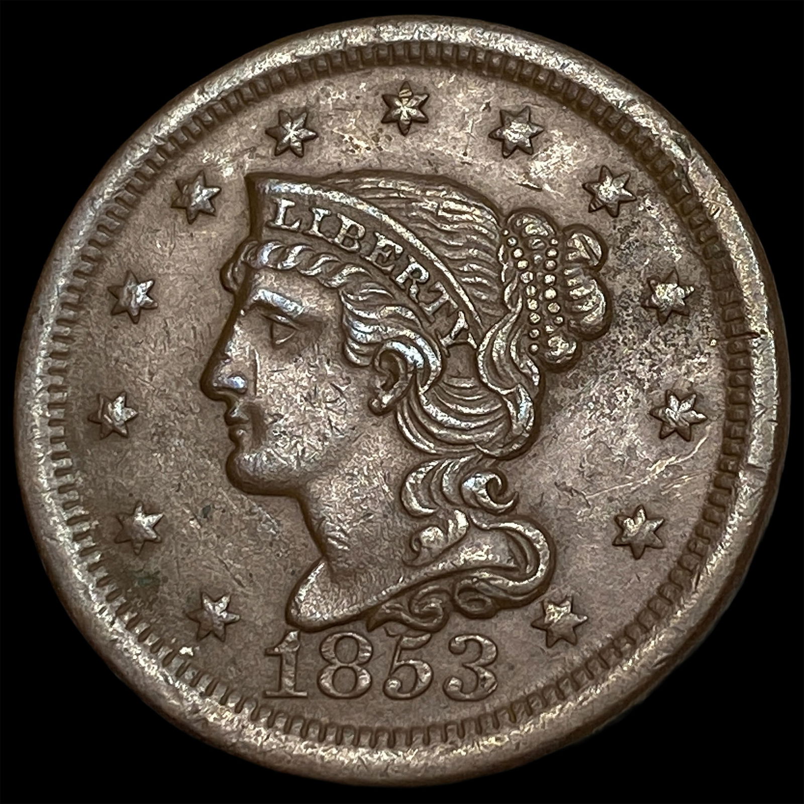 1853 Braided Hair Large Cent CHOICE BU: 1853 Braided Hair Large Cent CHOICE BU