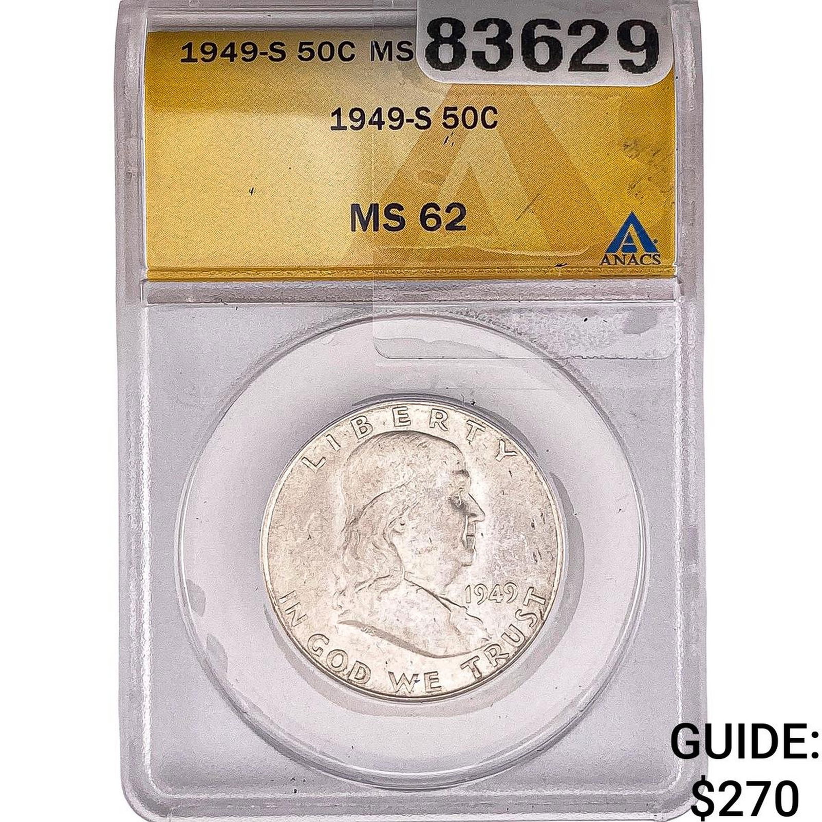 1949-S Franklin Half Dollar ANACS MS62: 1949-S Franklin Half Dollar ANACS MS62