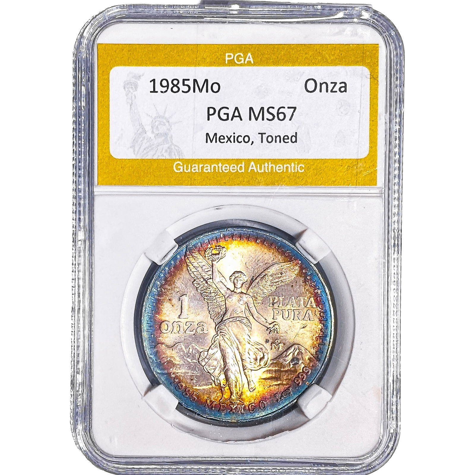 1985Mo Mexico Silver Onza PGA MS67 Toned: 1985Mo Mexico Silver Onza PGA MS67 Toned