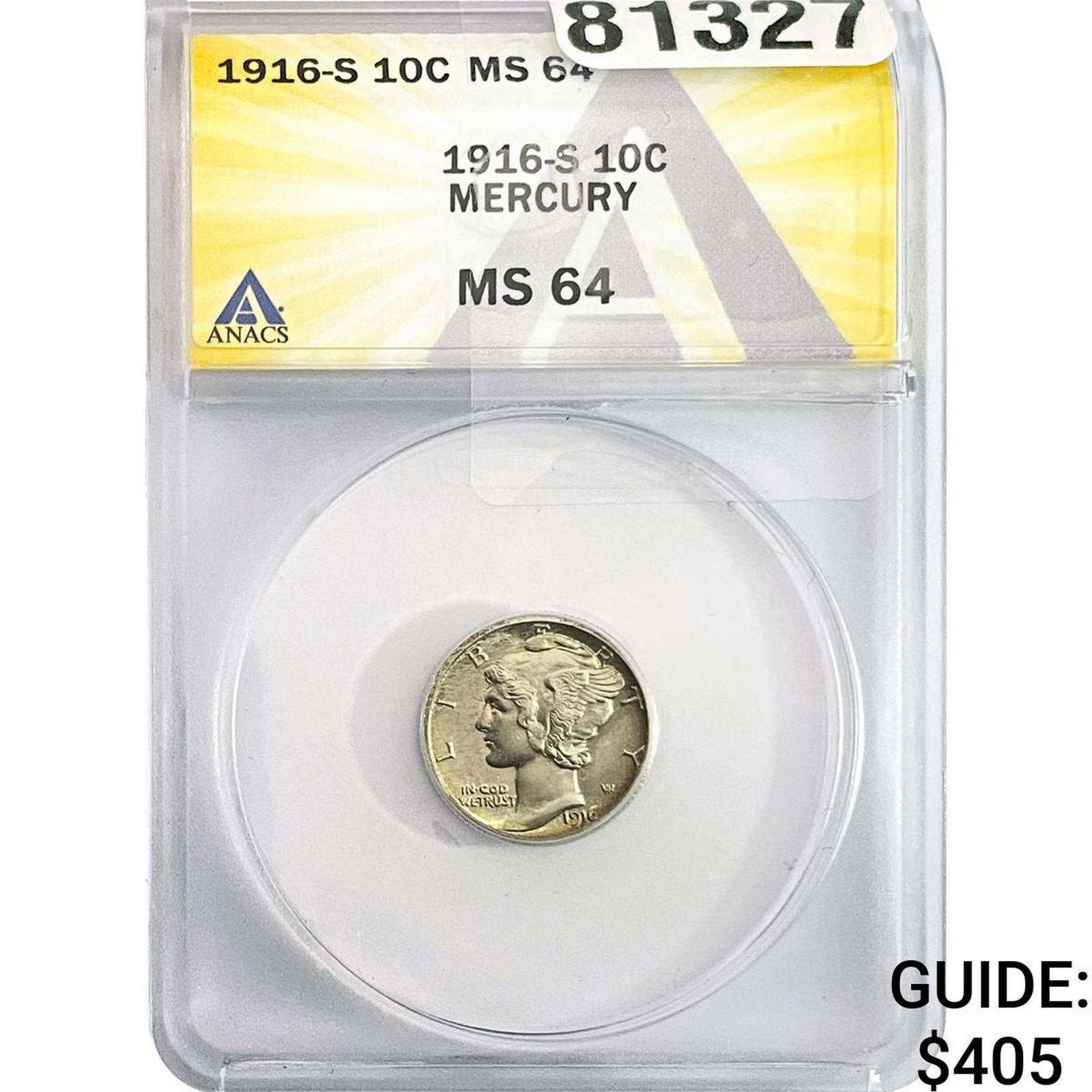 1916-S Mercury Silver Dime ANACS MS64: 1916-S Mercury Silver Dime ANACS MS64