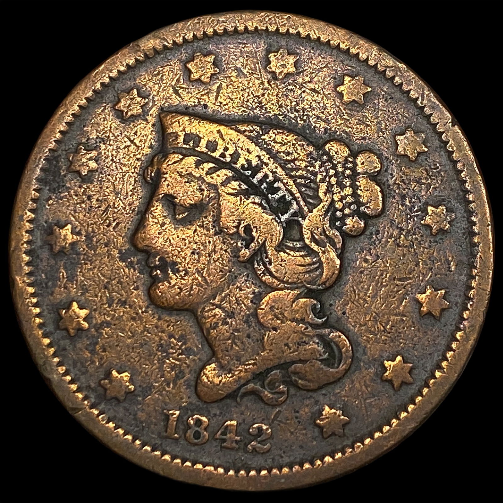 1842 Braided Hair Large Cent LIGHTLY CIRCULATED: 1842 Braided Hair Large Cent LIGHTLY CIRCULATED