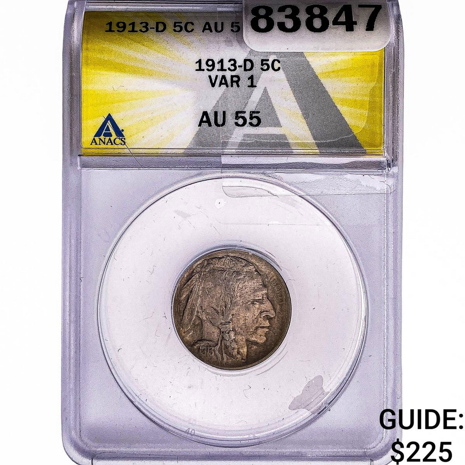 1913-D Buffalo Nickel ANACS AU55 VAR 1: 1913-D Buffalo Nickel ANACS AU55 VAR 1