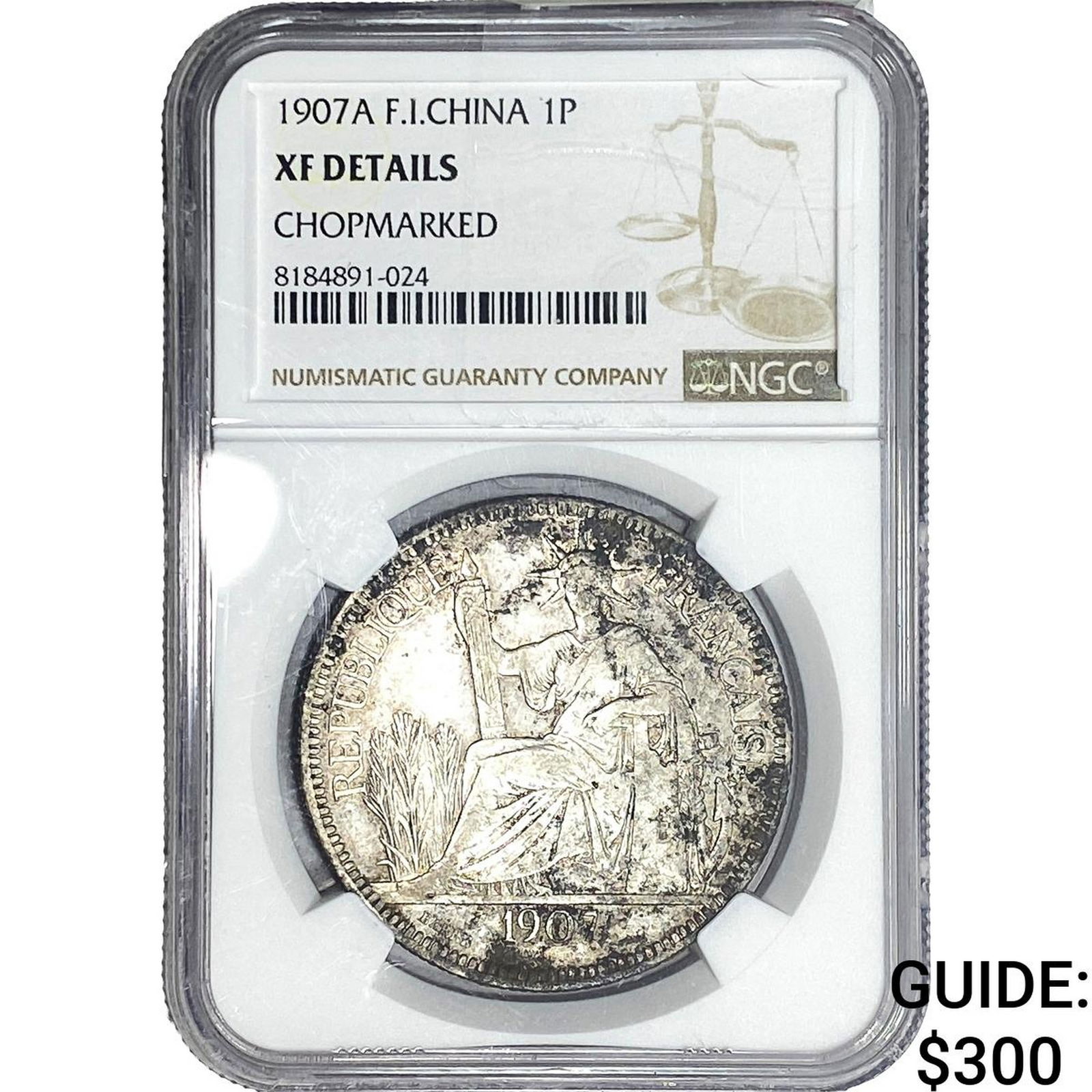 1907 French Indo-China Silver 1 Trade Piastre NGC XFDetails Chopmarked: 1907 French Indo-China Silver 1 Trade Piastre NGC XFDetails Chopmarked