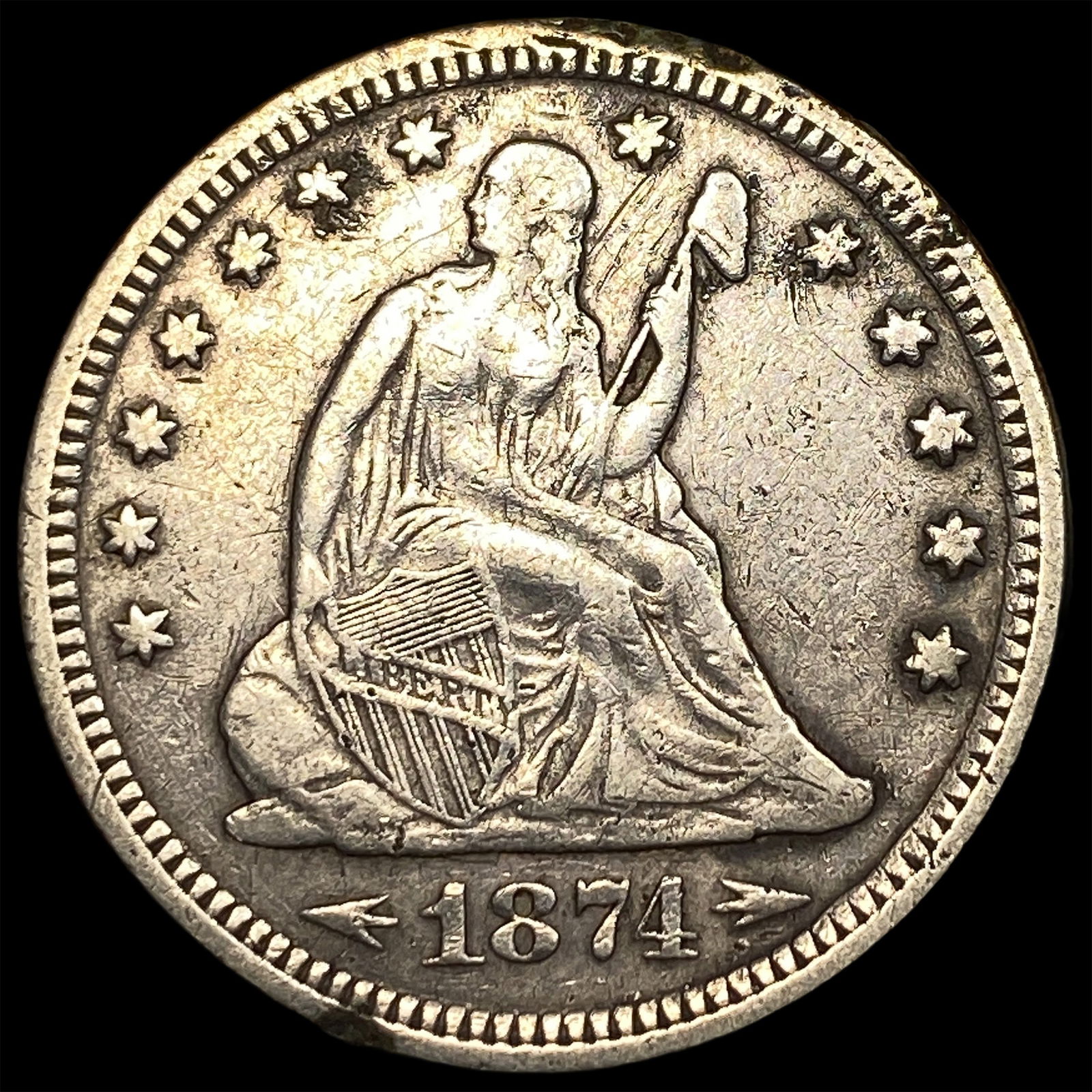 1874 Arrows Seated Liberty Quarter NEARLY UNCIRCULATED: 1874 Arrows Seated Liberty Quarter NEARLY UNCIRCULATED