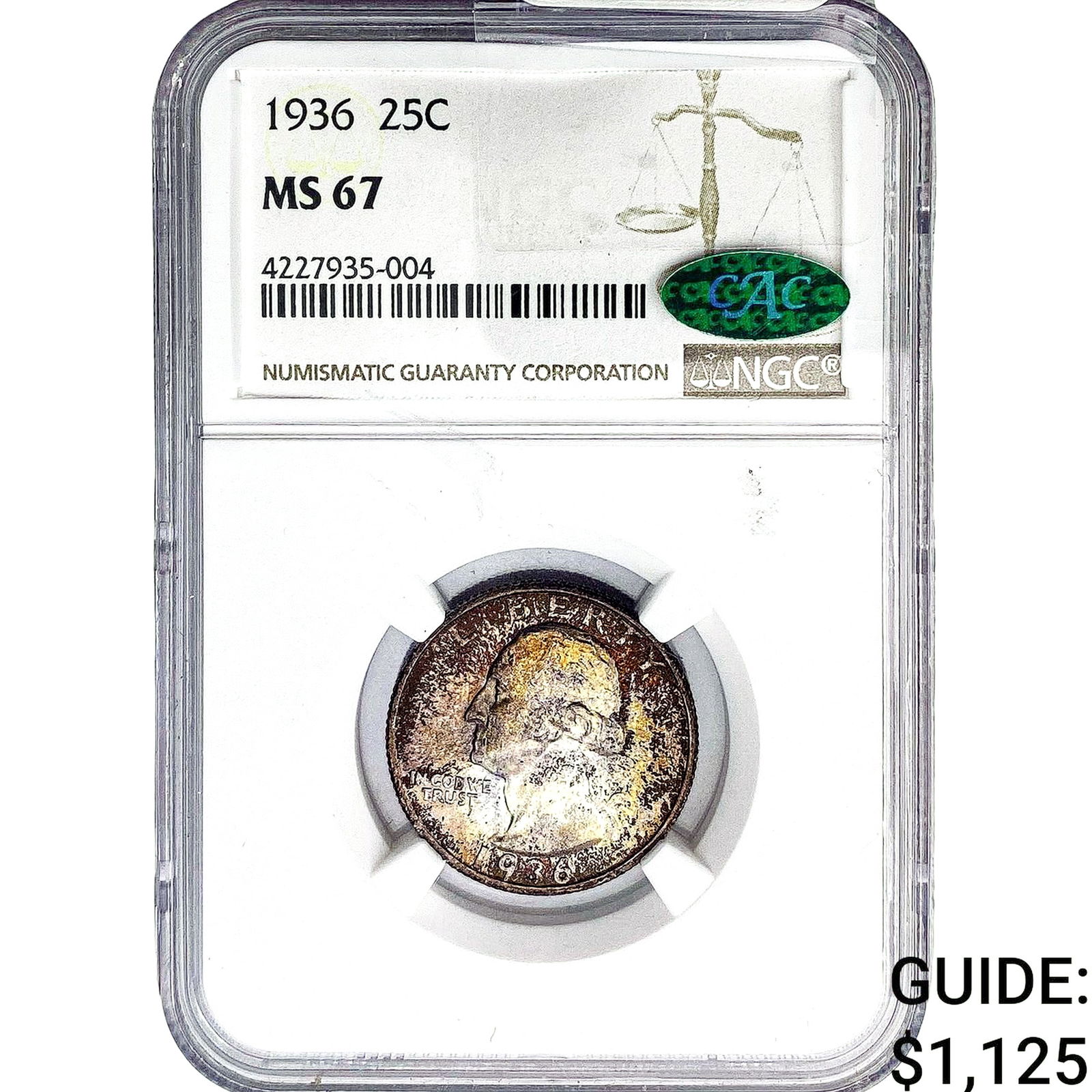1936 CAC Washington Silver Quarter NGC MS67: 1936 CAC Washington Silver Quarter NGC MS67