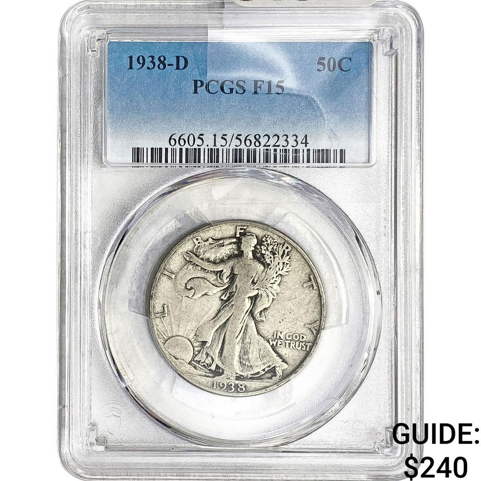 1938-D Walking Liberty Half Dollar PCGS F15: 1938-D Walking Liberty Half Dollar PCGS F15