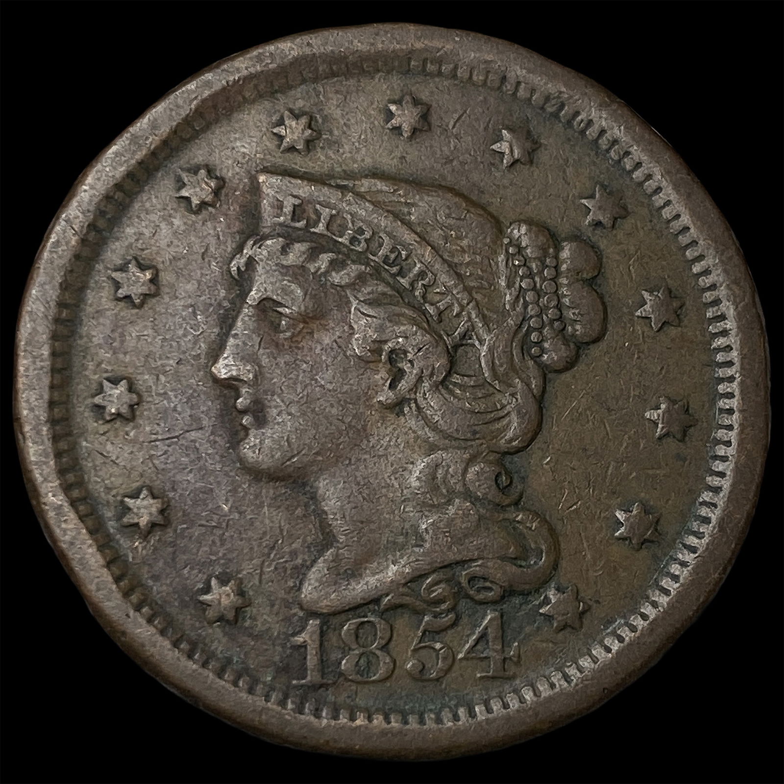 1854 Braided Hair Large Cent LIGHTLY CIRCULATED: 1854 Braided Hair Large Cent LIGHTLY CIRCULATED