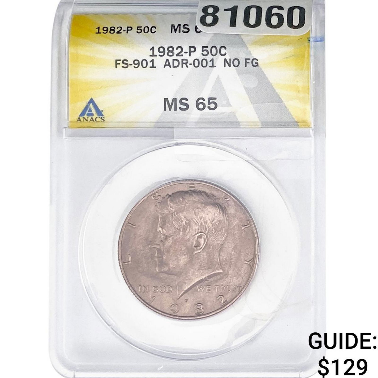1982-P Kennedy Half Dollar ANACS MS65 FS-901: 1982-P Kennedy Half Dollar ANACS MS65 FS-901