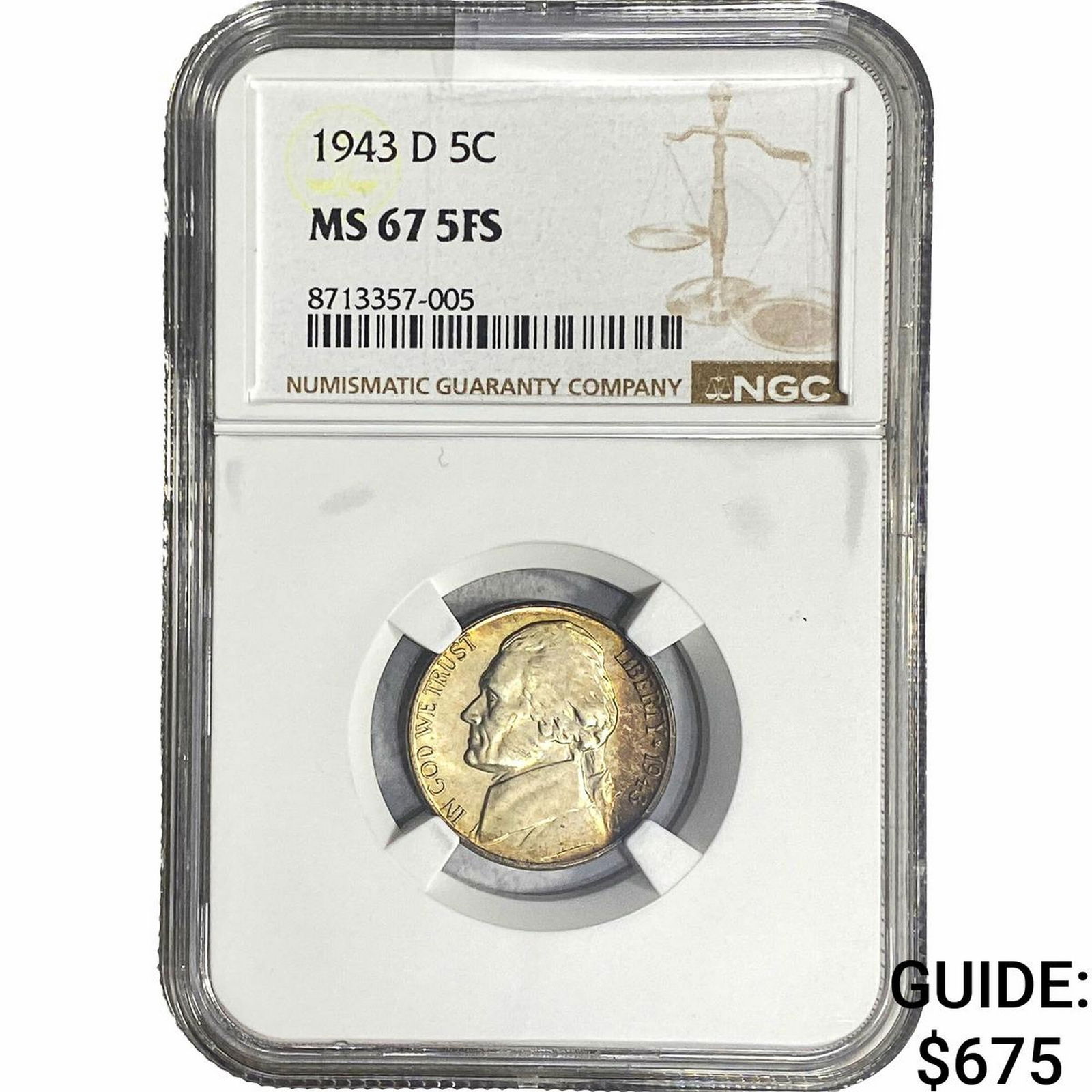 1943-D Jefferson Nickel NGC MS67 5FS: 1943-D Jefferson Nickel NGC MS67 5FS