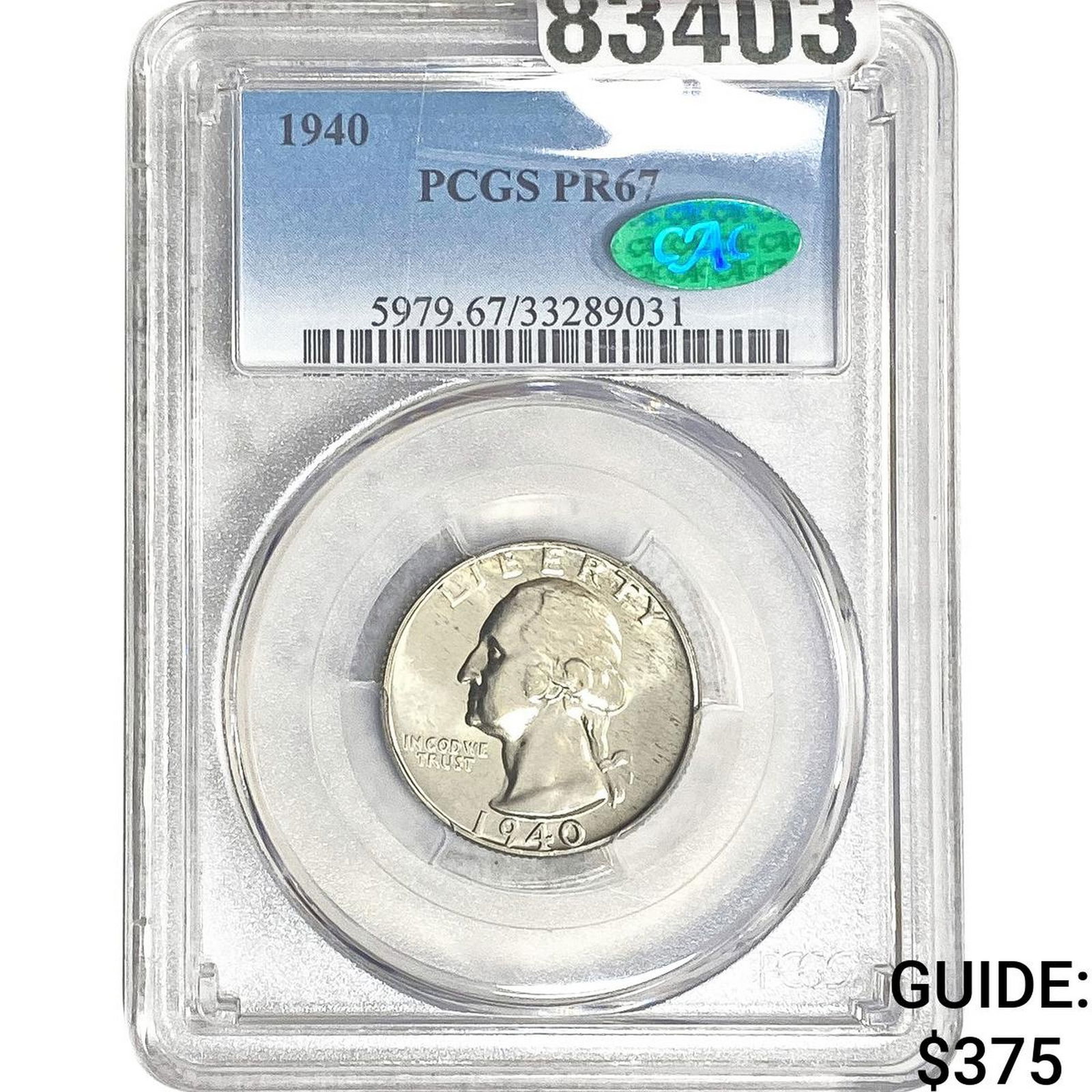1940 CAC Washington Silver Quarter PCGS PR67: 1940 CAC Washington Silver Quarter PCGS PR67