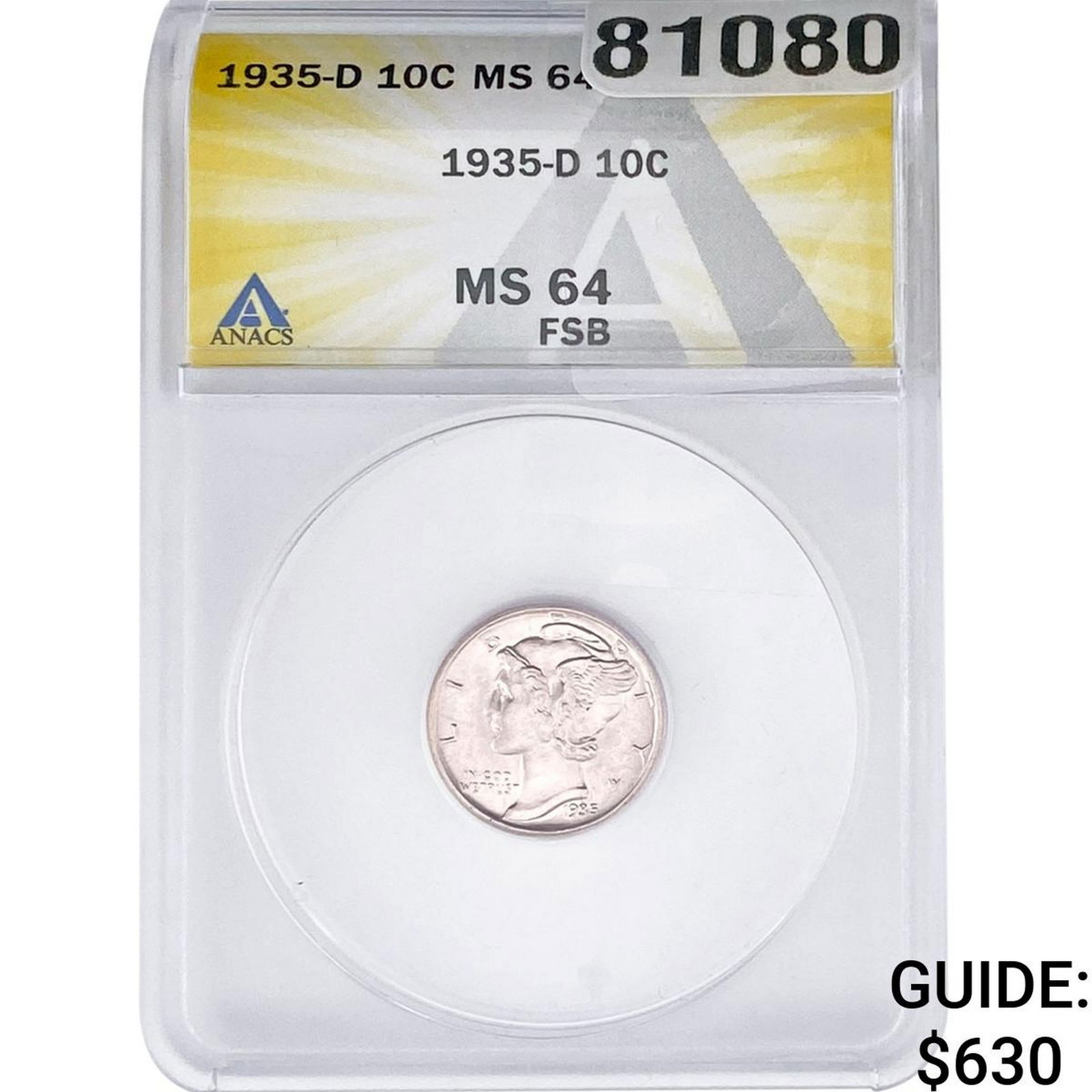 1935-D Mercury Silver Dime ANACS MS64 FSB: 1935-D Mercury Silver Dime ANACS MS64 FSB