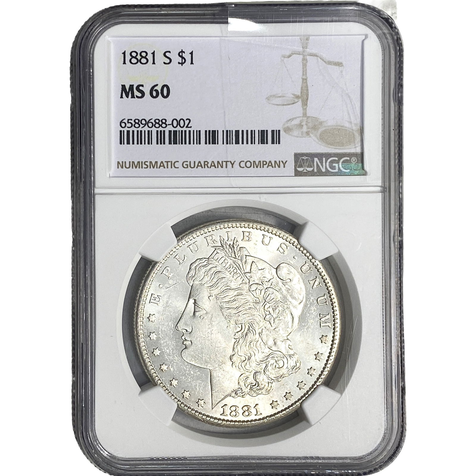 1881-S Morgan Silver Dollar NGC MS60: 1881-S Morgan Silver Dollar NGC MS60