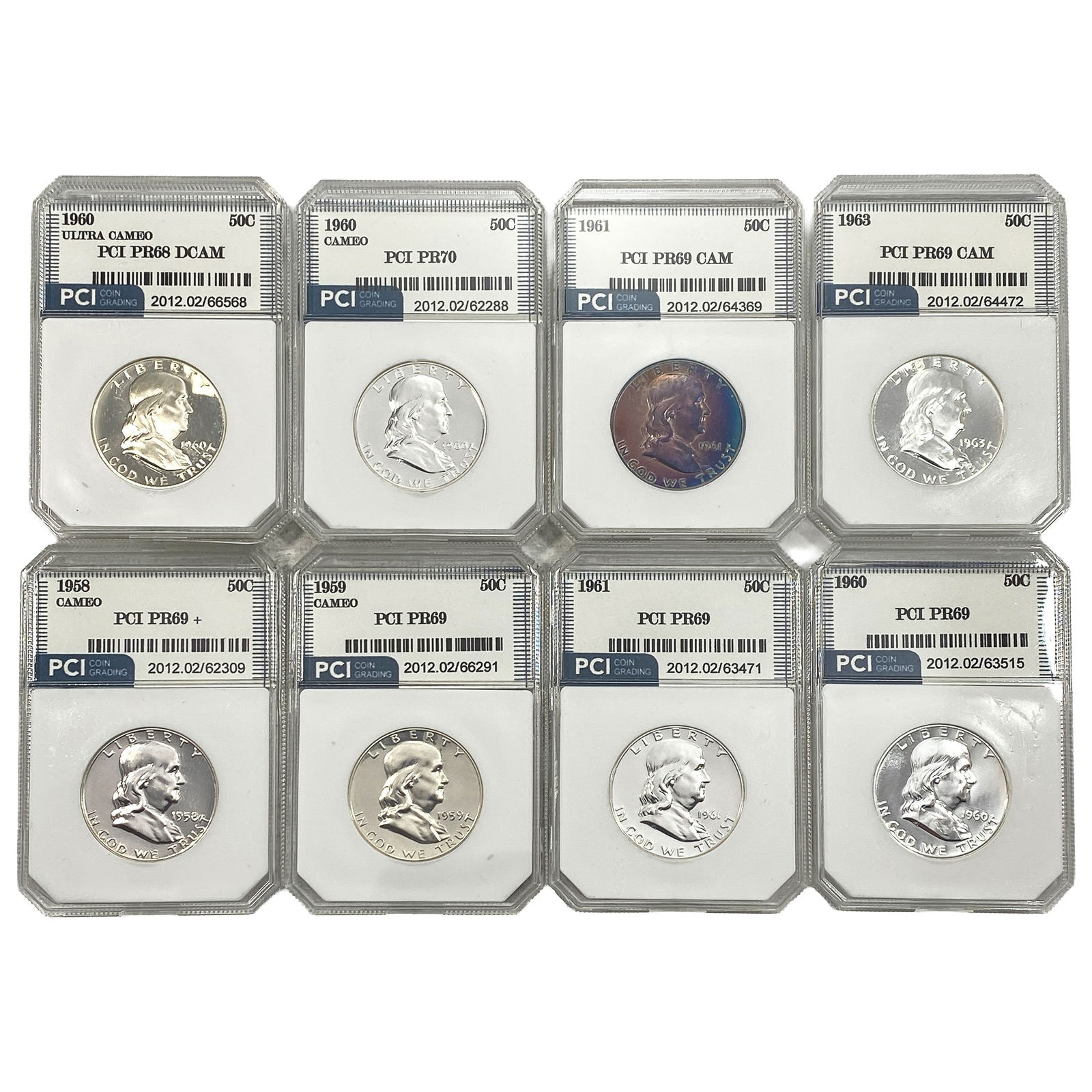 [8 Coins] 1958-1963 Franklin Half Dollar PCI PR69-70: [8 Coins] 1958-1963 Franklin Half Dollar PCI PR69-70
