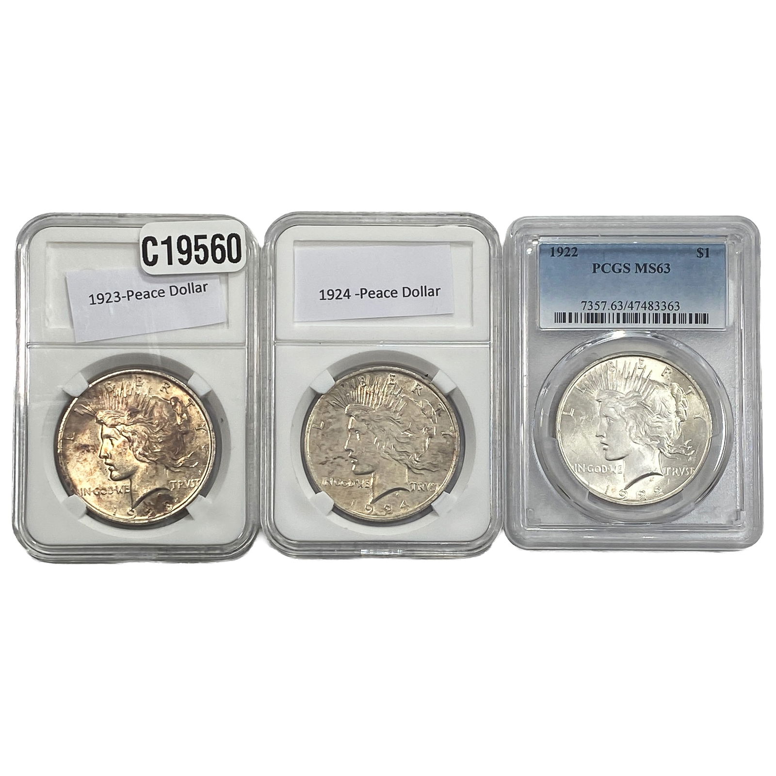[3 Coins] 1922-1924 Silver Peace Dollar PCGS MS63: [3 Coins] 1922-1924 Silver Peace Dollar PCGS MS63