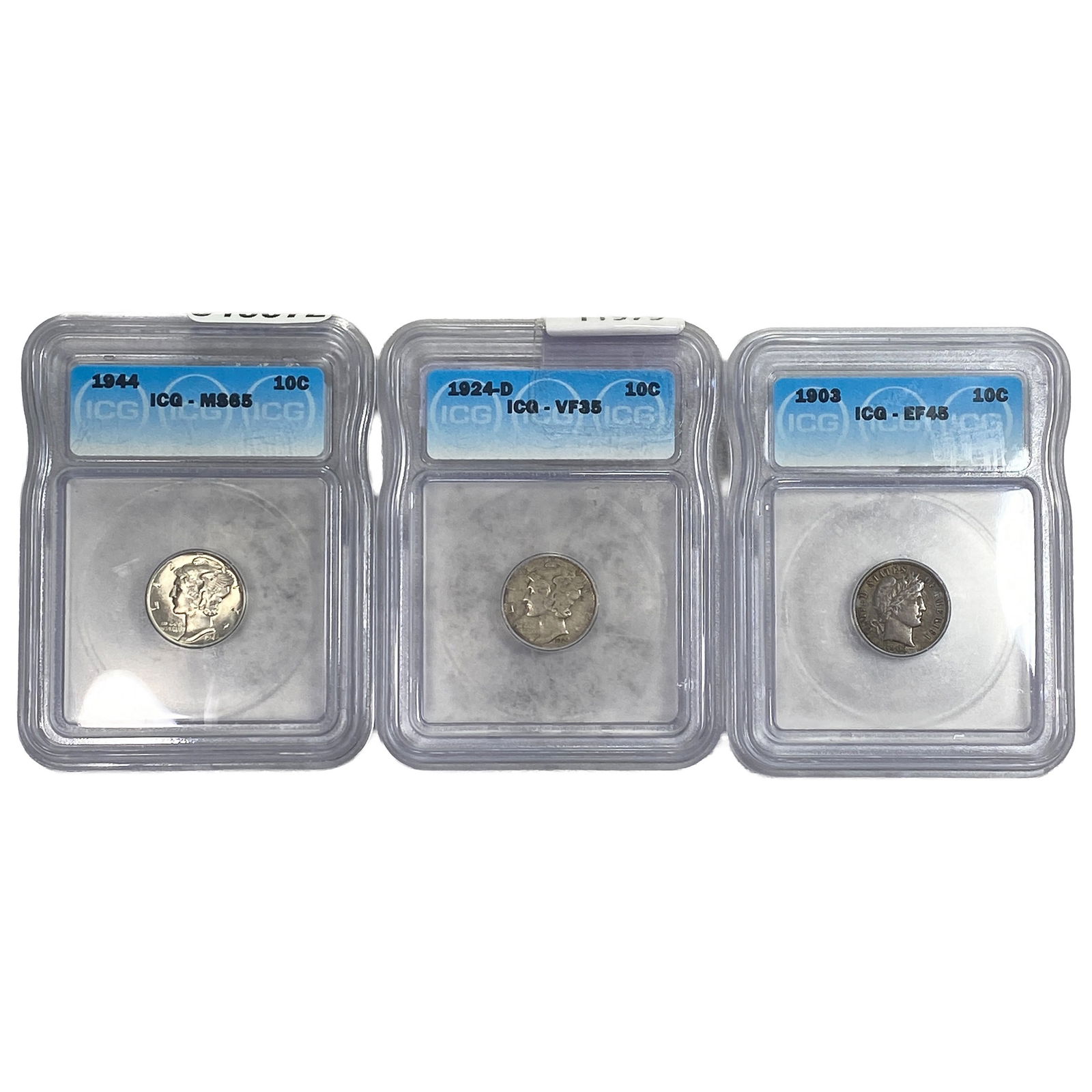 [3 Coins] 1903-1944 Barber 10C & Mercury 10Cs ICG EF/VF/MS35-65: [3 Coins] 1903-1944 Barber 10C & Mercury 10Cs ICG EF/VF/MS35-65
