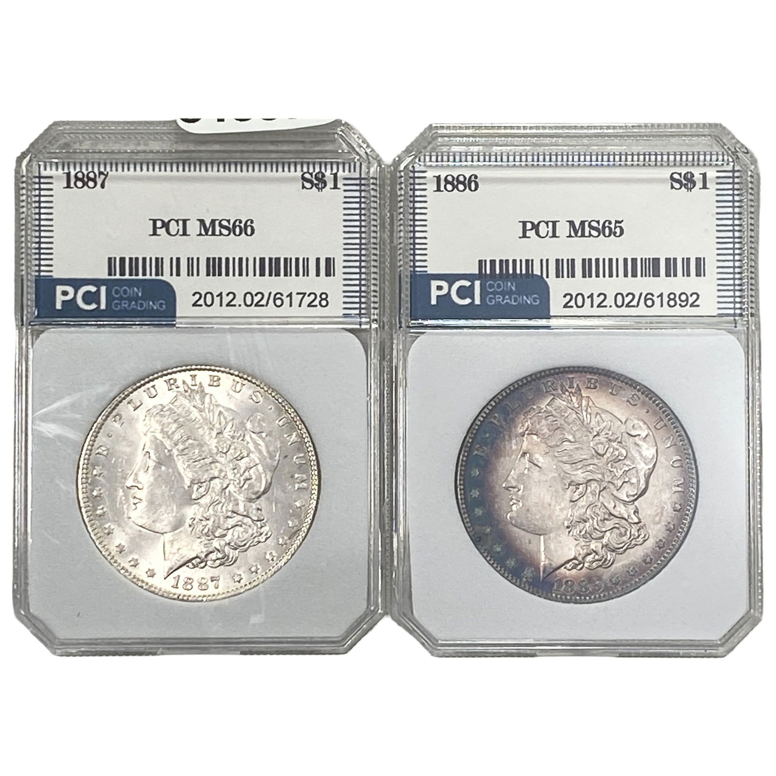 [2 Coins] 1886-1887 Morgan Silver Dollar PCI MS66: [2 Coins] 1886-1887 Morgan Silver Dollar PCI MS66