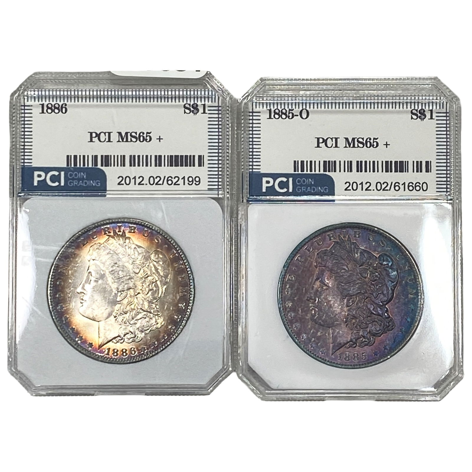 [2 Coins] 1885-1886 Morgan Silver Dollar PCI MS65+: [2 Coins] 1885-1886 Morgan Silver Dollar PCI MS65+