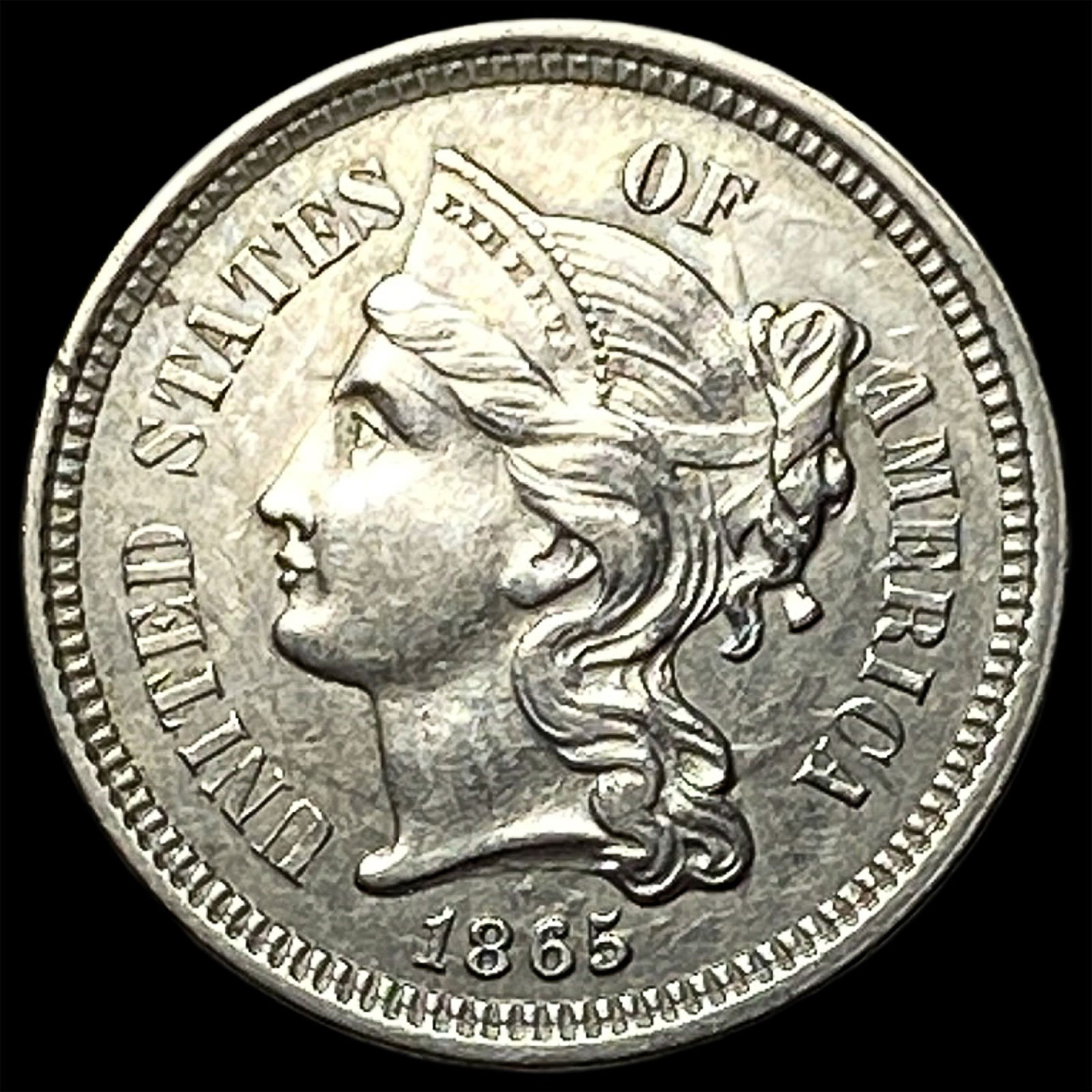 1865 Nickel Three-Cent Piece NEARLY UNCIRCULATED: 1865 Nickel Three-Cent Piece NEARLY UNCIRCULATED