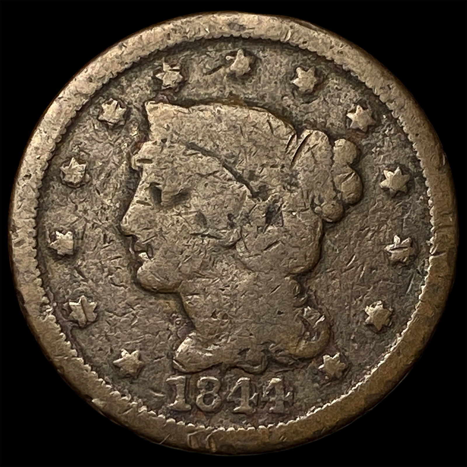 1844 Braided Hair Large Cent NICELY CIRCULATED: 1844 Braided Hair Large Cent NICELY CIRCULATED