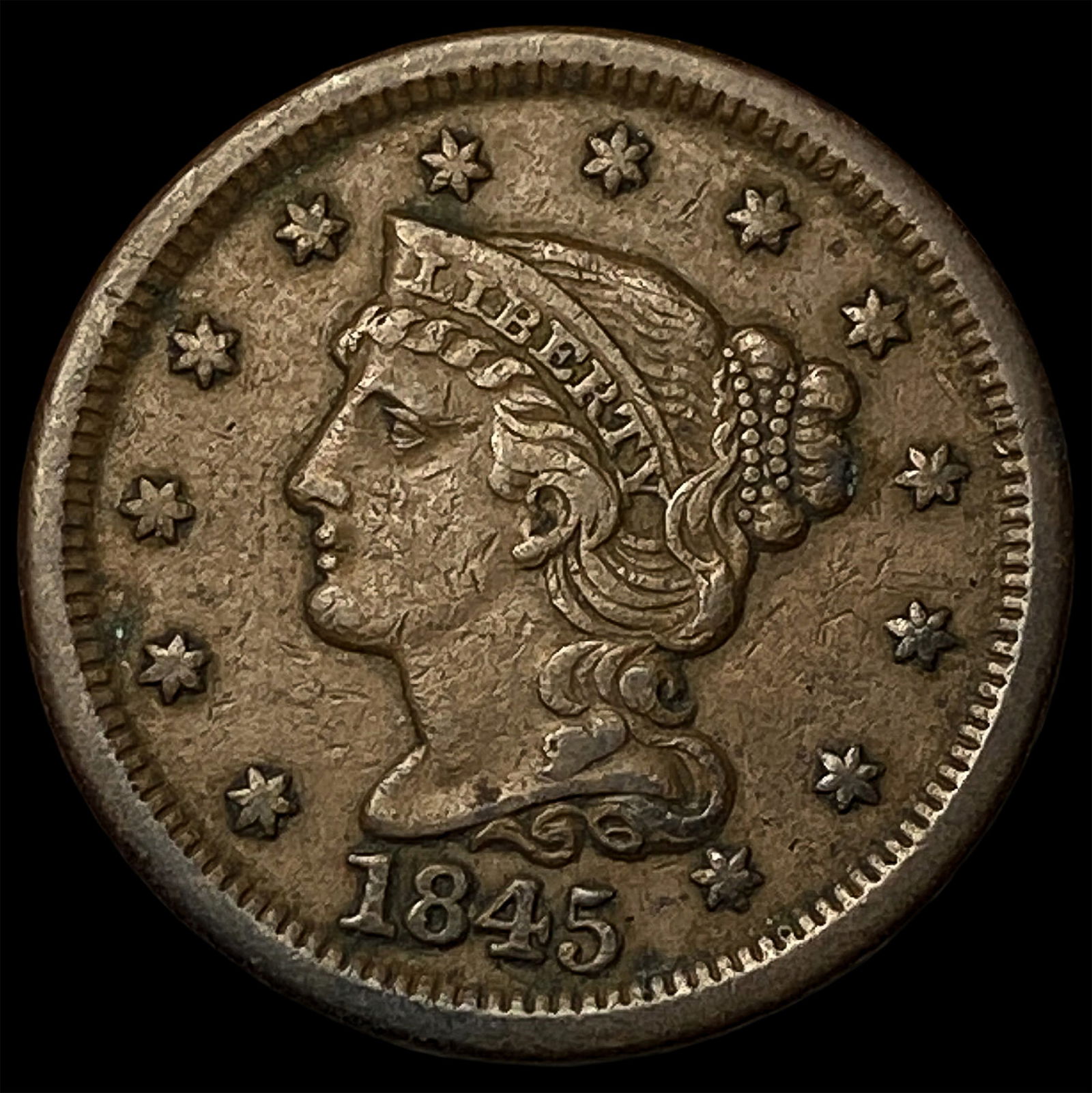 1845 Braided Hair Large Cent CLOSELY UNCIRCULATED: 1845 Braided Hair Large Cent CLOSELY UNCIRCULATED
