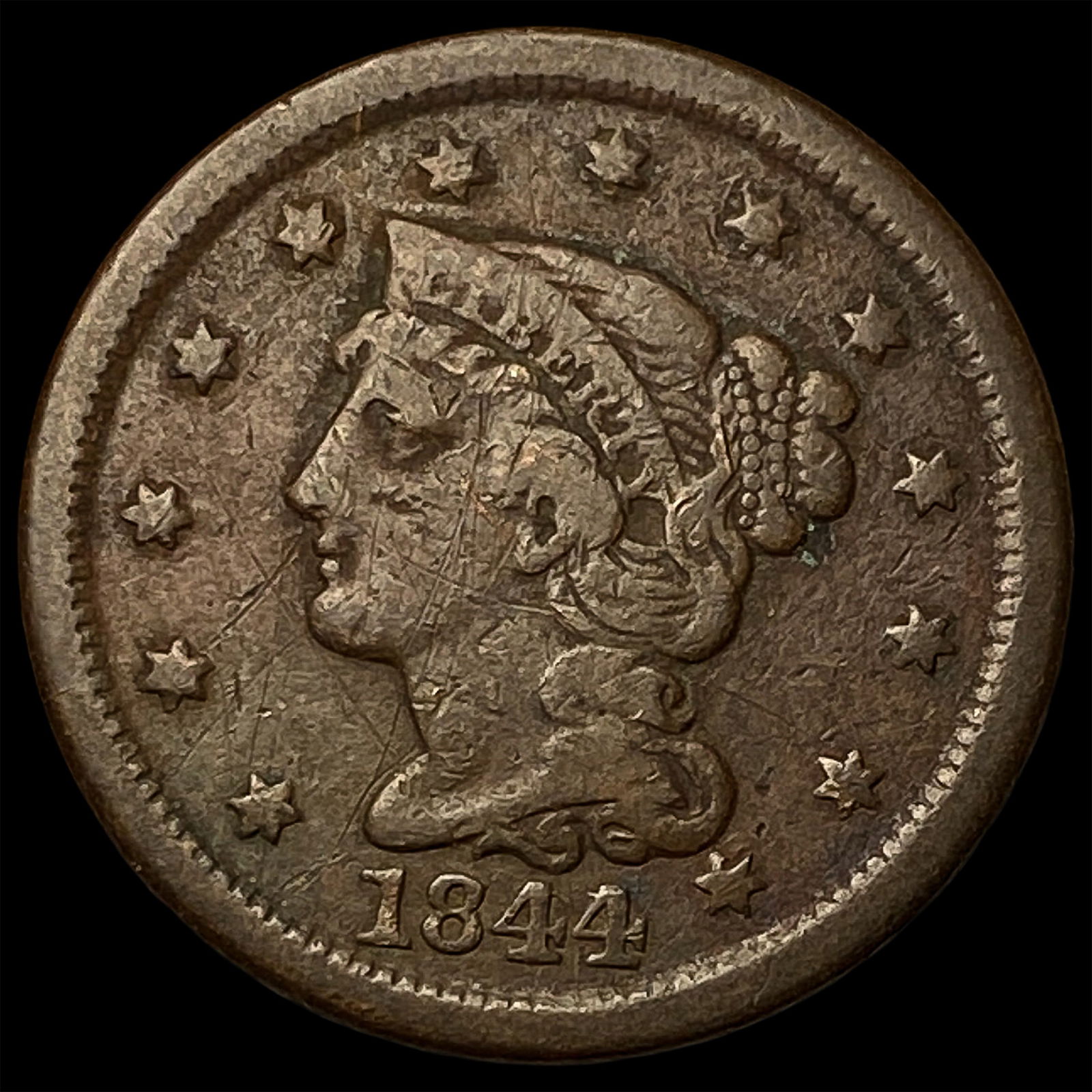 1844 Braided Hair Large Cent LIGHTLY CIRCULATED: 1844 Braided Hair Large Cent LIGHTLY CIRCULATED