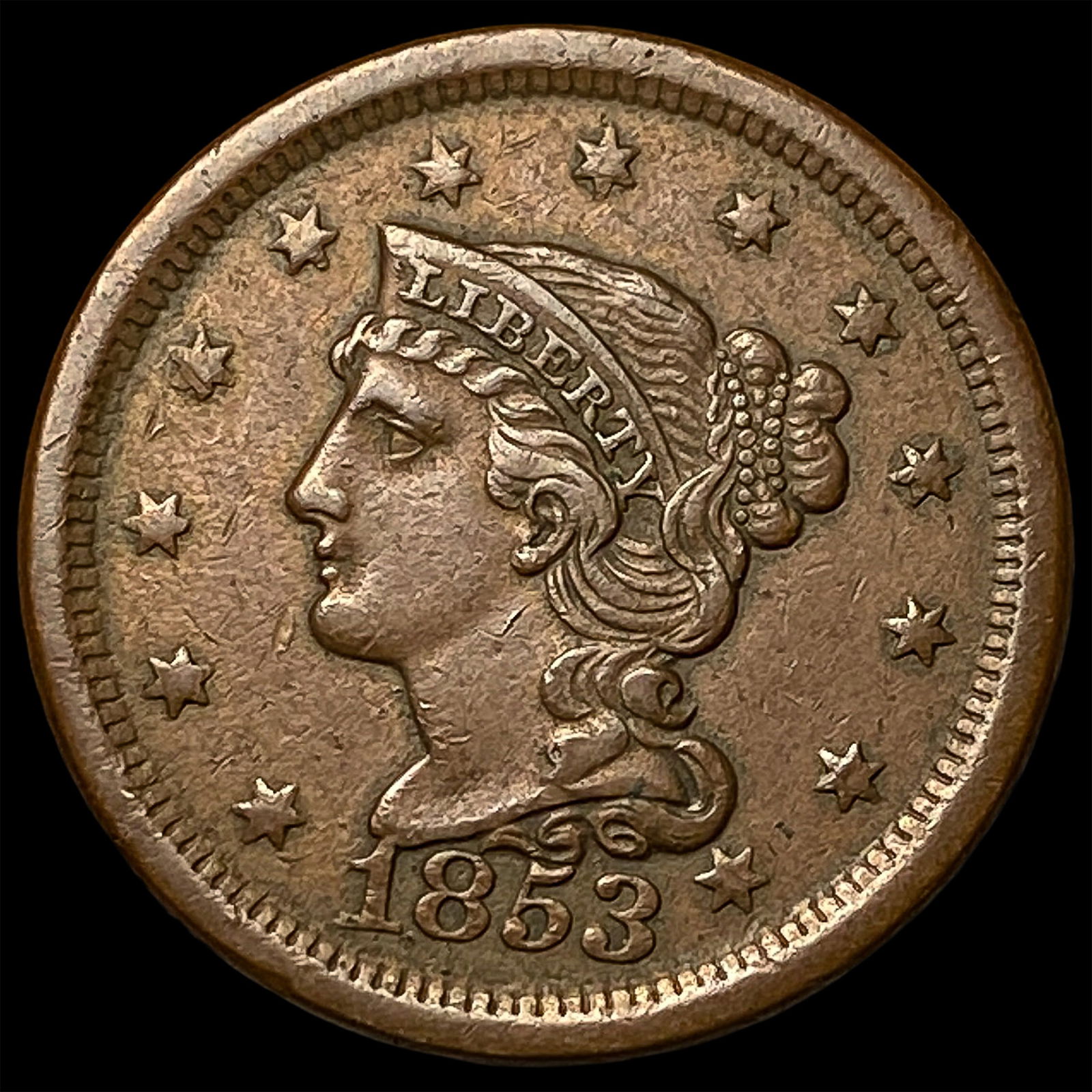 1853 Braided Hair Large Cent CLOSELY UNCIRCULATED: 1853 Braided Hair Large Cent CLOSELY UNCIRCULATED