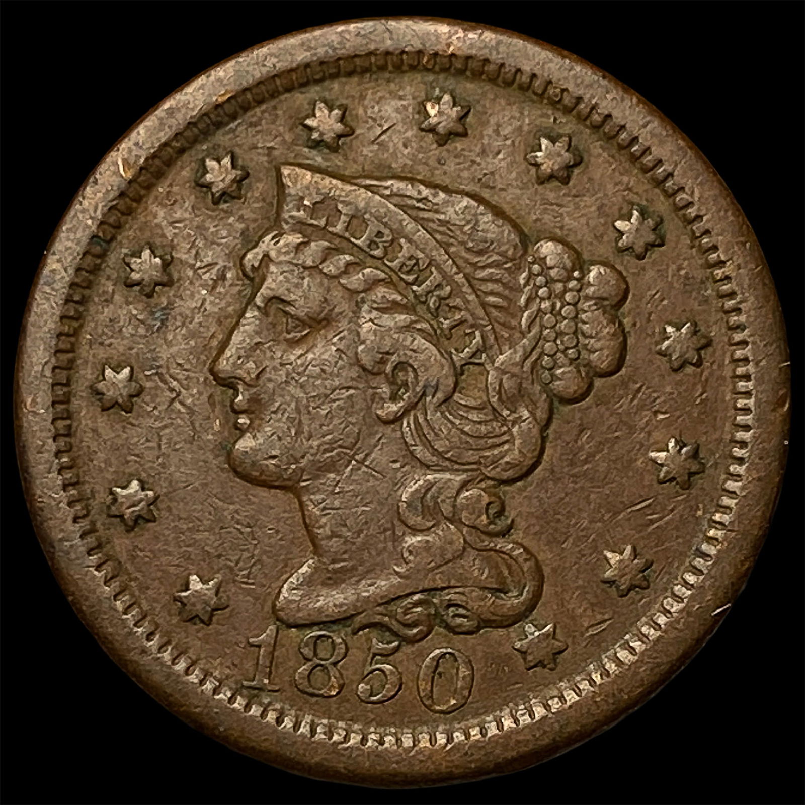 1850 Braided Hair Large Cent NEARLY UNCIRCULATED: 1850 Braided Hair Large Cent NEARLY UNCIRCULATED