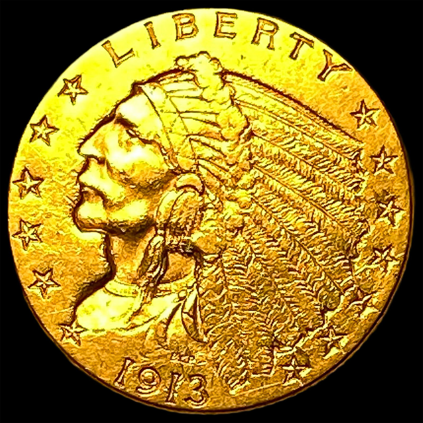 1913 Indian Head Gold $2.50 Quarter Eagle CLOSELY UNCIRCULATED: 1913 Indian Head Gold $2.50 Quarter Eagle CLOSELY UNCIRCULATED