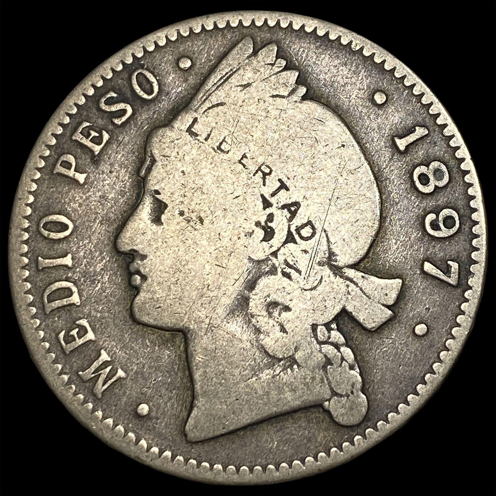 1897-A Dominican Rep. Silver 1/2 Peso ABOUT UNCIRCULATED: 1897-A Dominican Rep. Silver 1/2 Peso ABOUT UNCIRCULATED