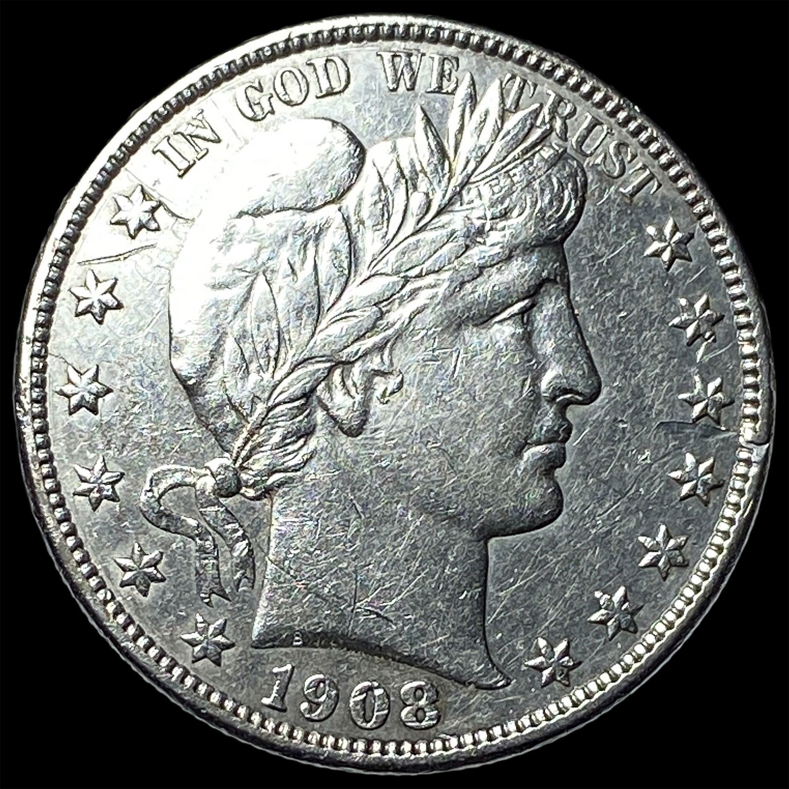 1908-O Silver Barber Half Dollar CHOICE AU: 1908-O Silver Barber Half Dollar CHOICE AU
